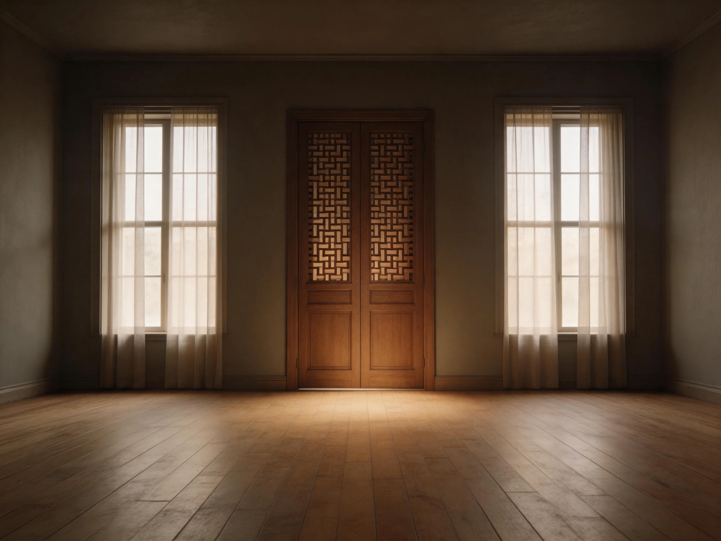 A spacious room with a wooden double door, two curtained windows, and polished wood floors