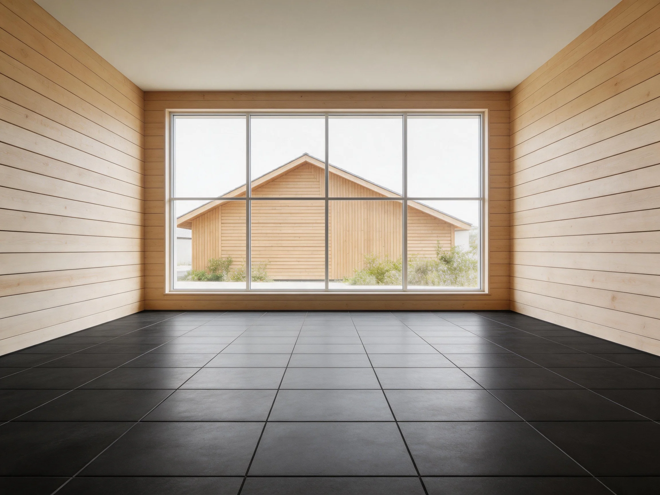 A spacious room with wooden panel walls, dark tile floors, and a large window