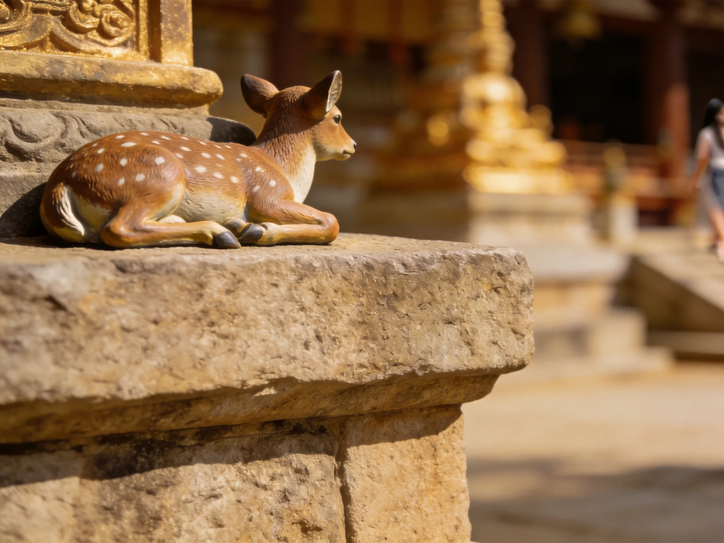 A spotted deer figurine rests on weathered stone near ornate temple structures
