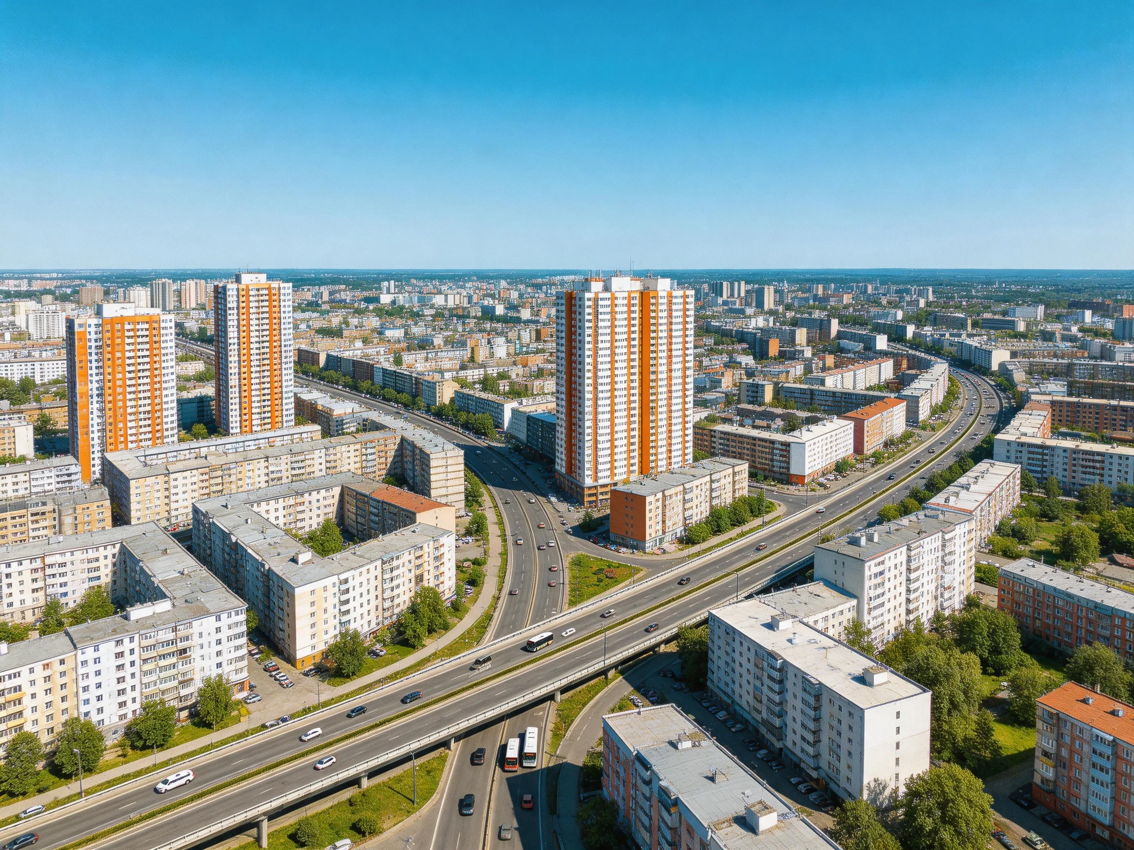 A sprawling cityscape with orange high-rises and curved highways