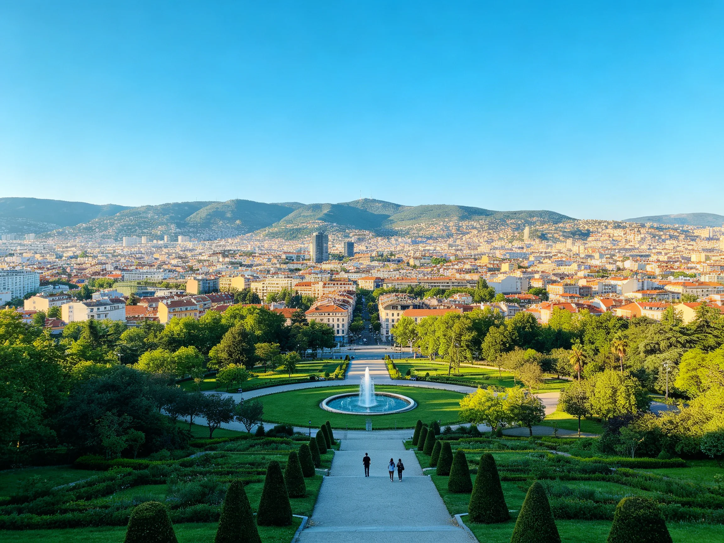 A sprawling urban landscape viewed from an ornate garden with a central fountain