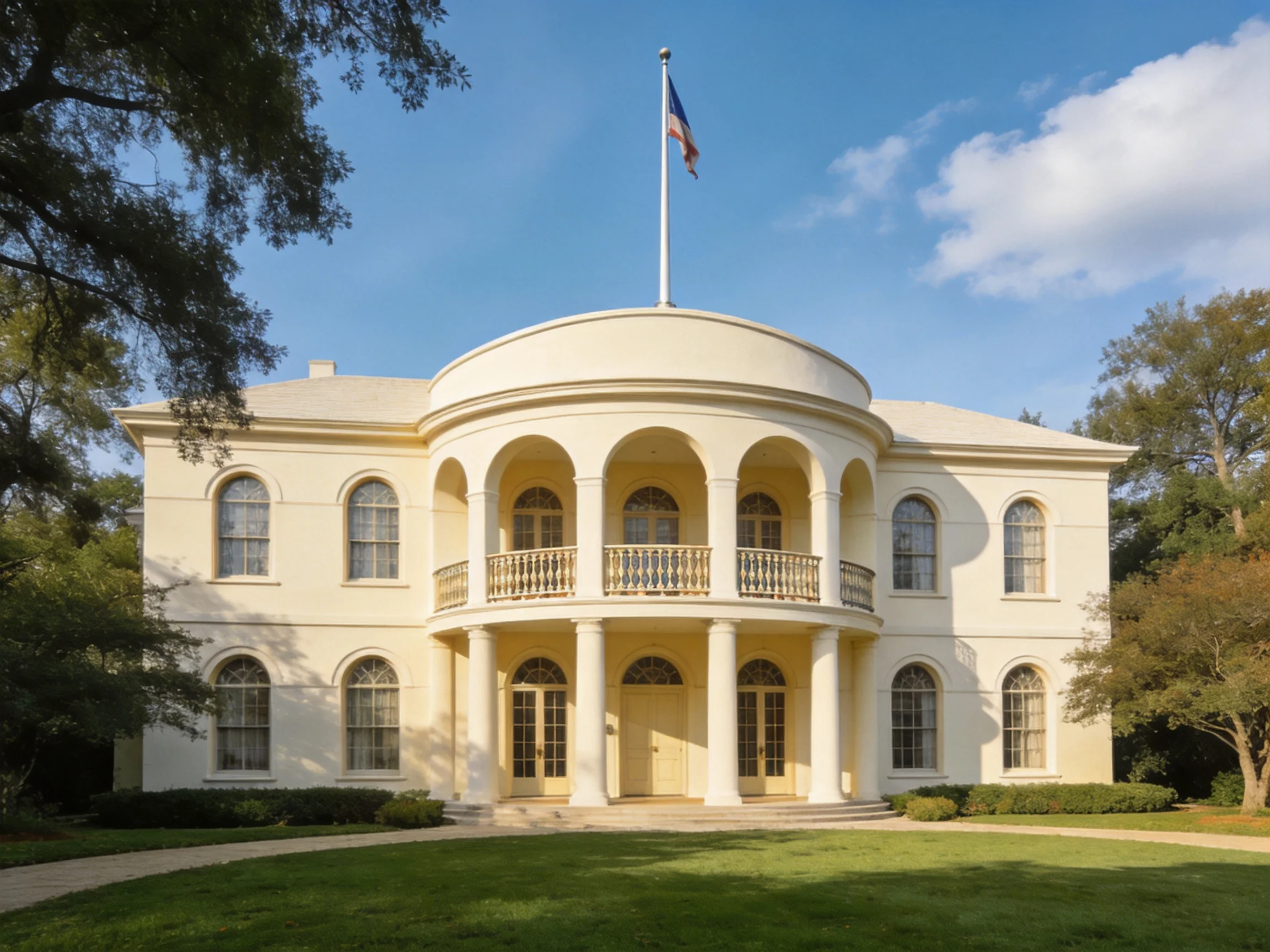 A stately cream-colored two-story mansion with a circular front