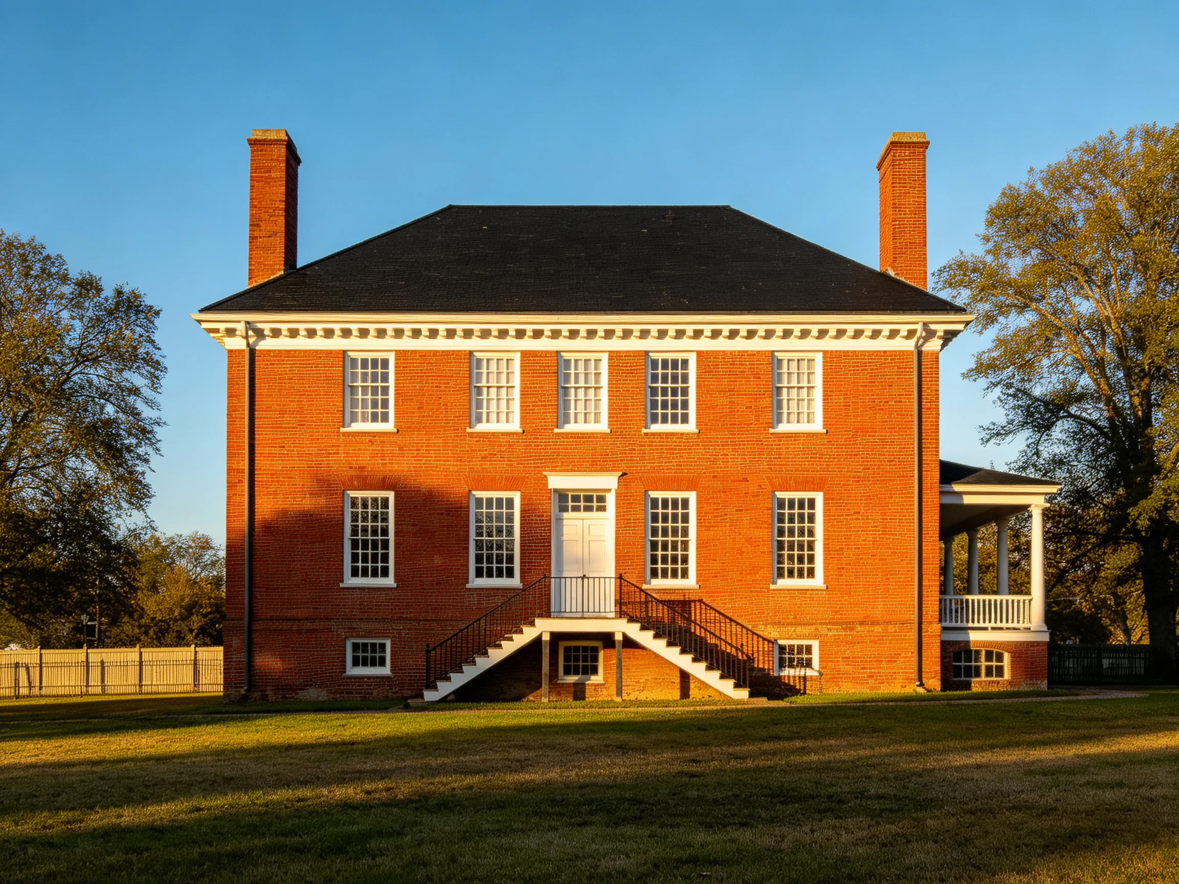 A stately red-brick three-story mansion with white trim and two chimneys