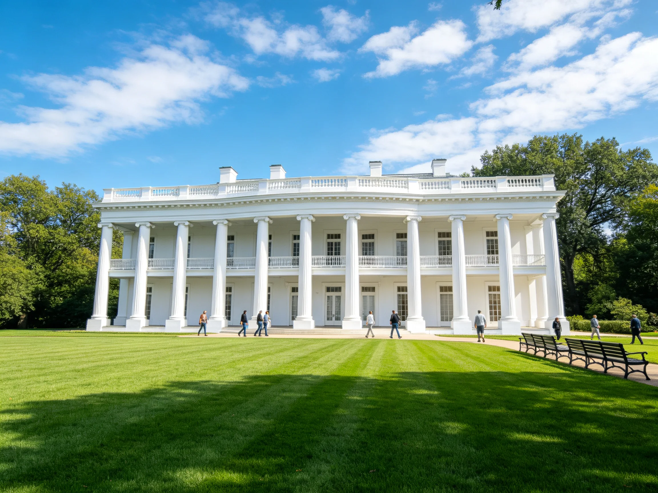 A stately white colonial-style mansion with numerous columns