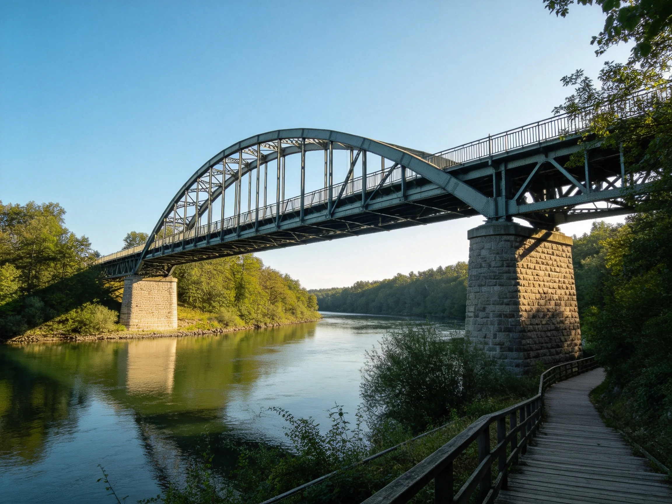 A steel arch bridge spans a calm river with stone supports