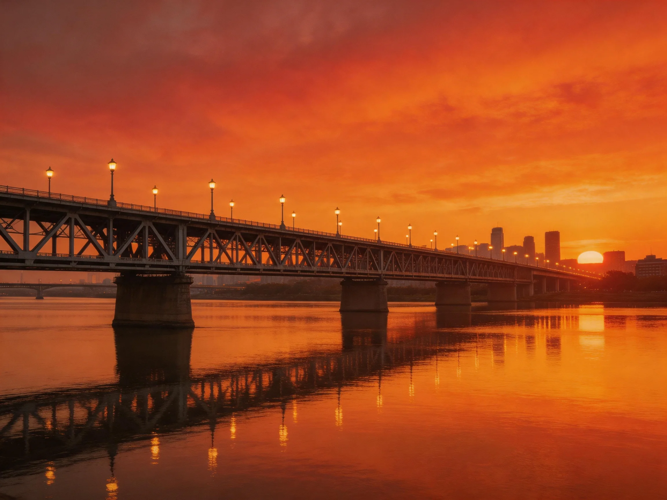 A steel bridge spans a calm river under a vibrant orange sunset sky