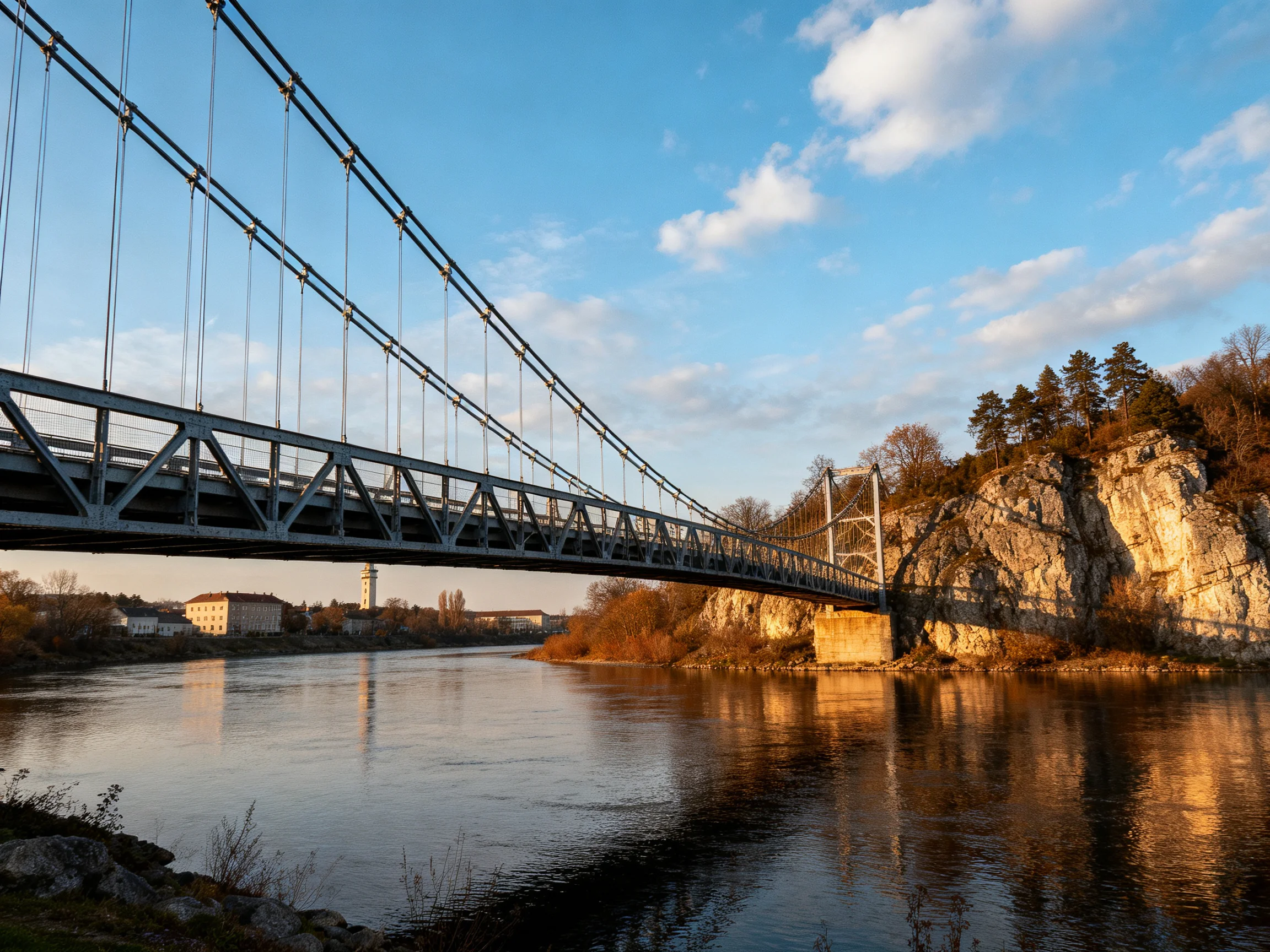 A steel suspension bridge spans a calm river near a rocky cliffside