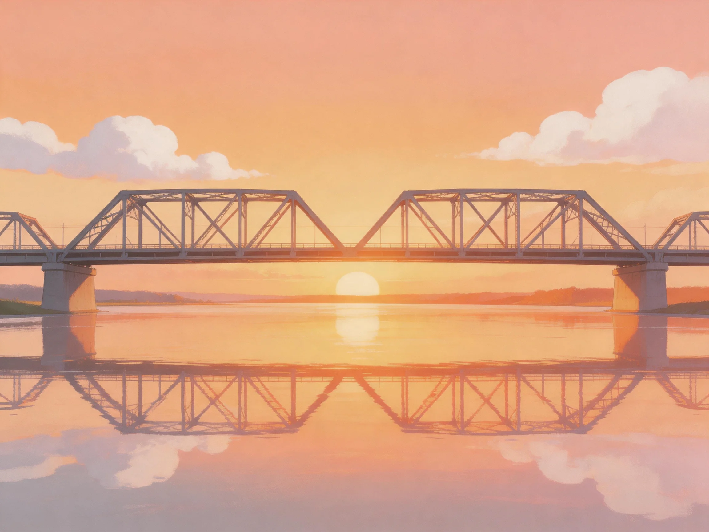 A steel truss bridge spans calm water at sunset