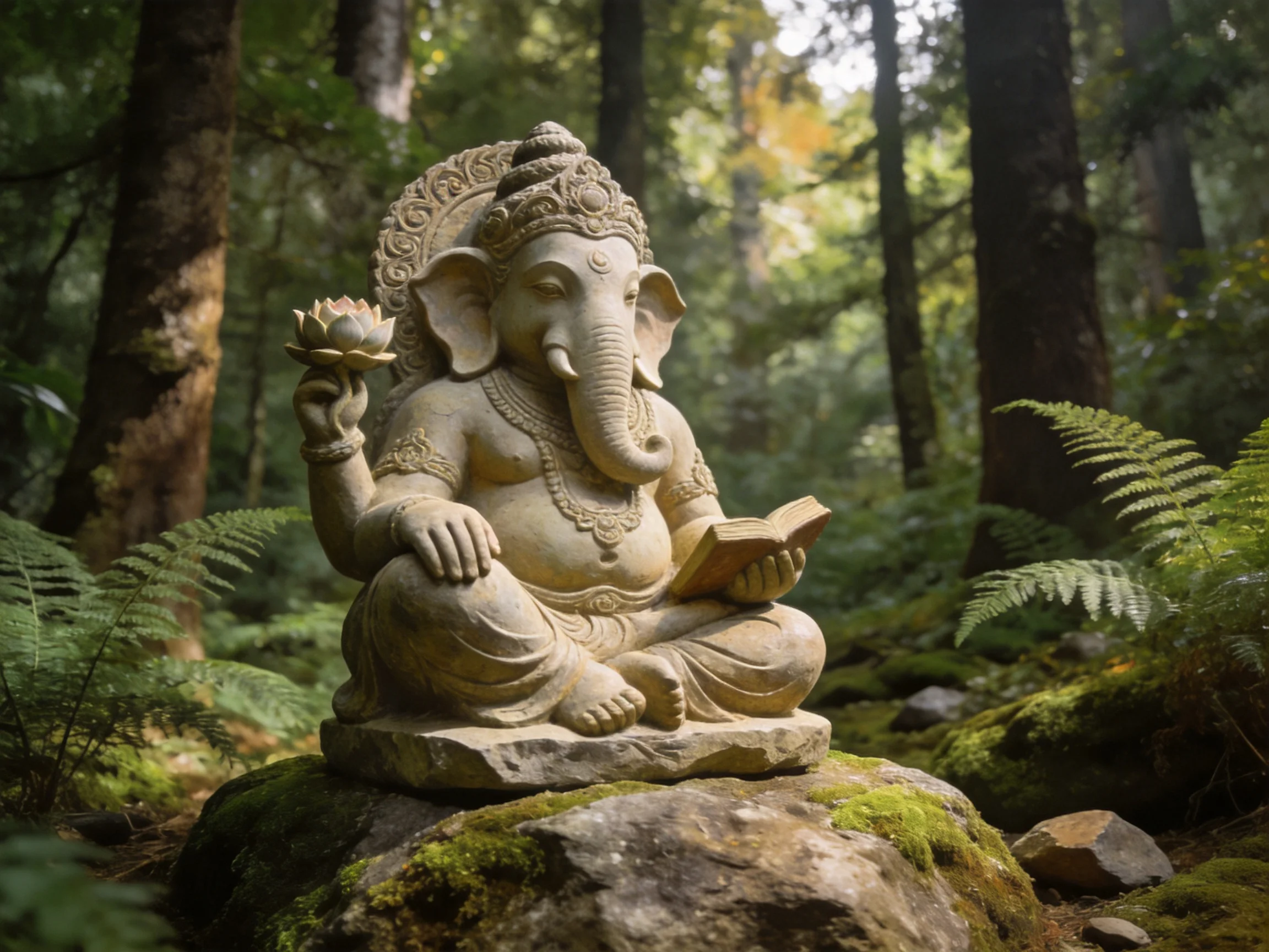 A stone Ganesha statue reading a book amid lush greenery