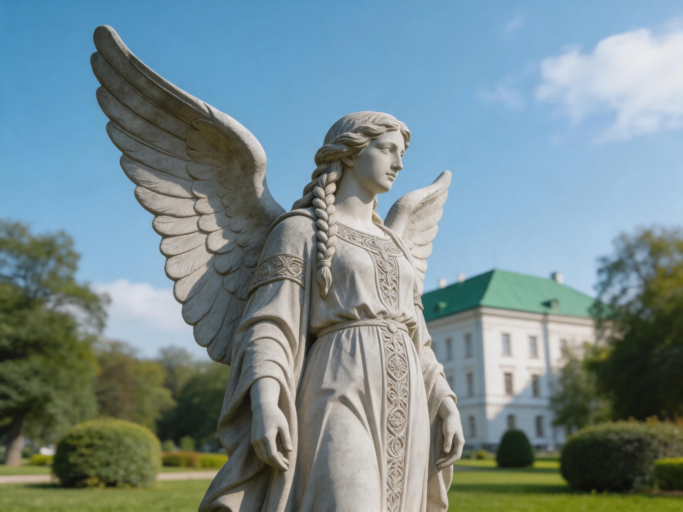 A stone angel statue near a white building with a green roof