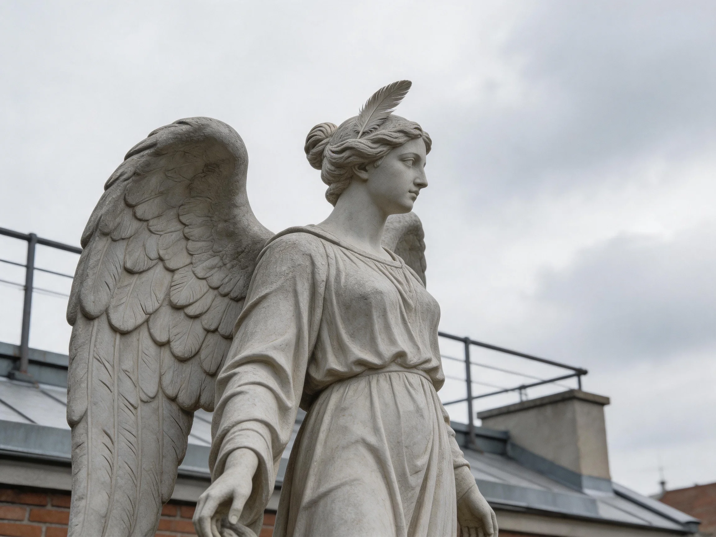 A stone angel statue with large wings on a rooftop