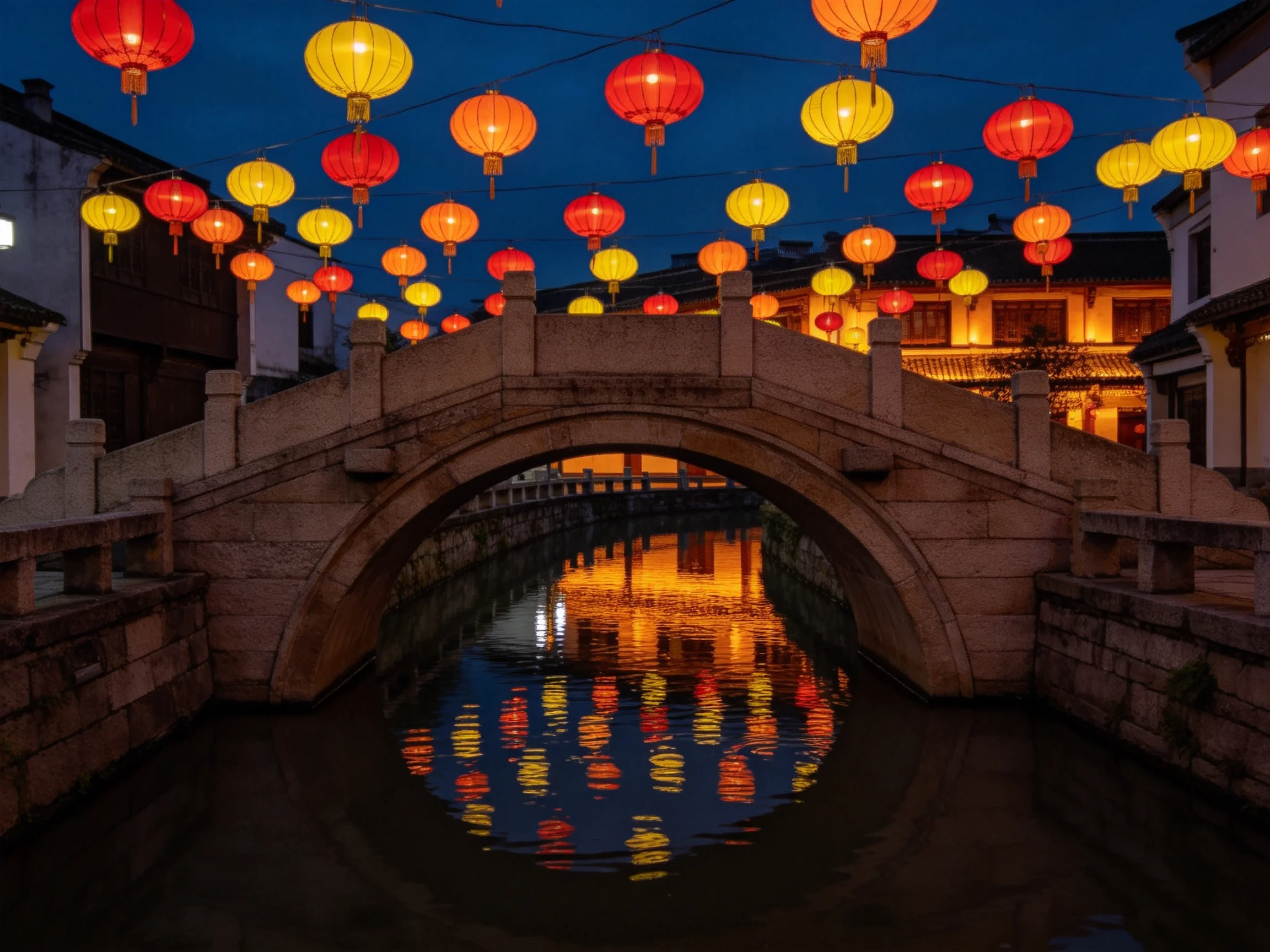 A stone arch bridge adorned with red and yellow lanterns over calm water