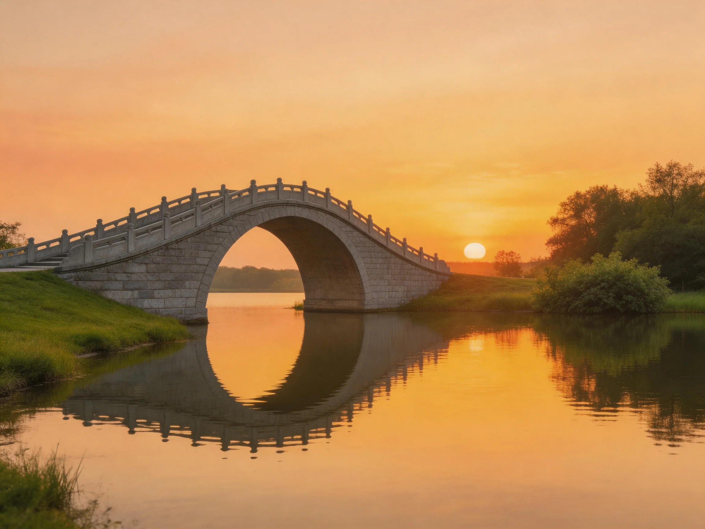 A stone arch bridge reflecting in golden sunset waters
