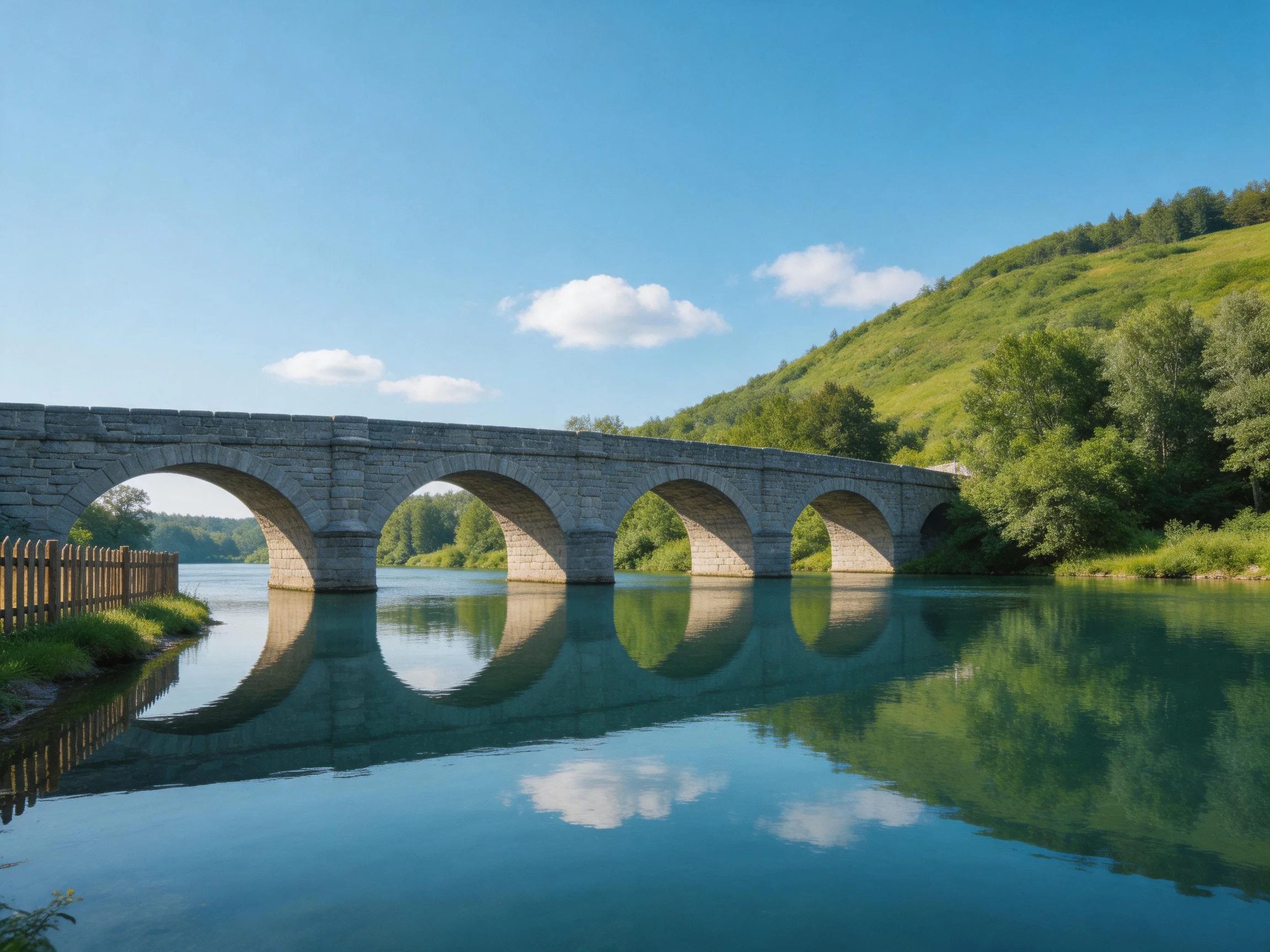 A stone arch bridge spans a calm turquoise river near lush green hills