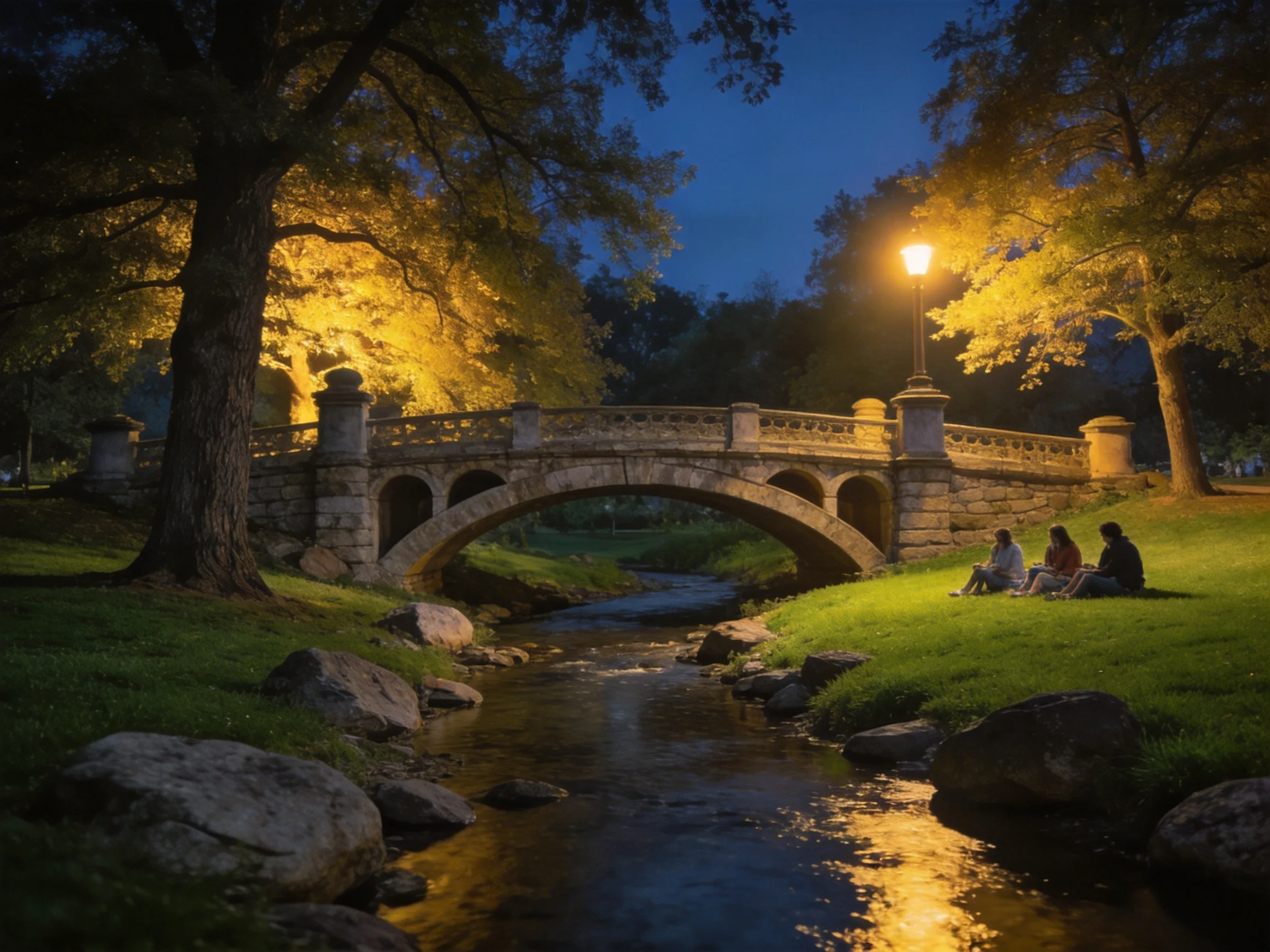 A stone arch bridge spans a stream with people sitting under lit trees