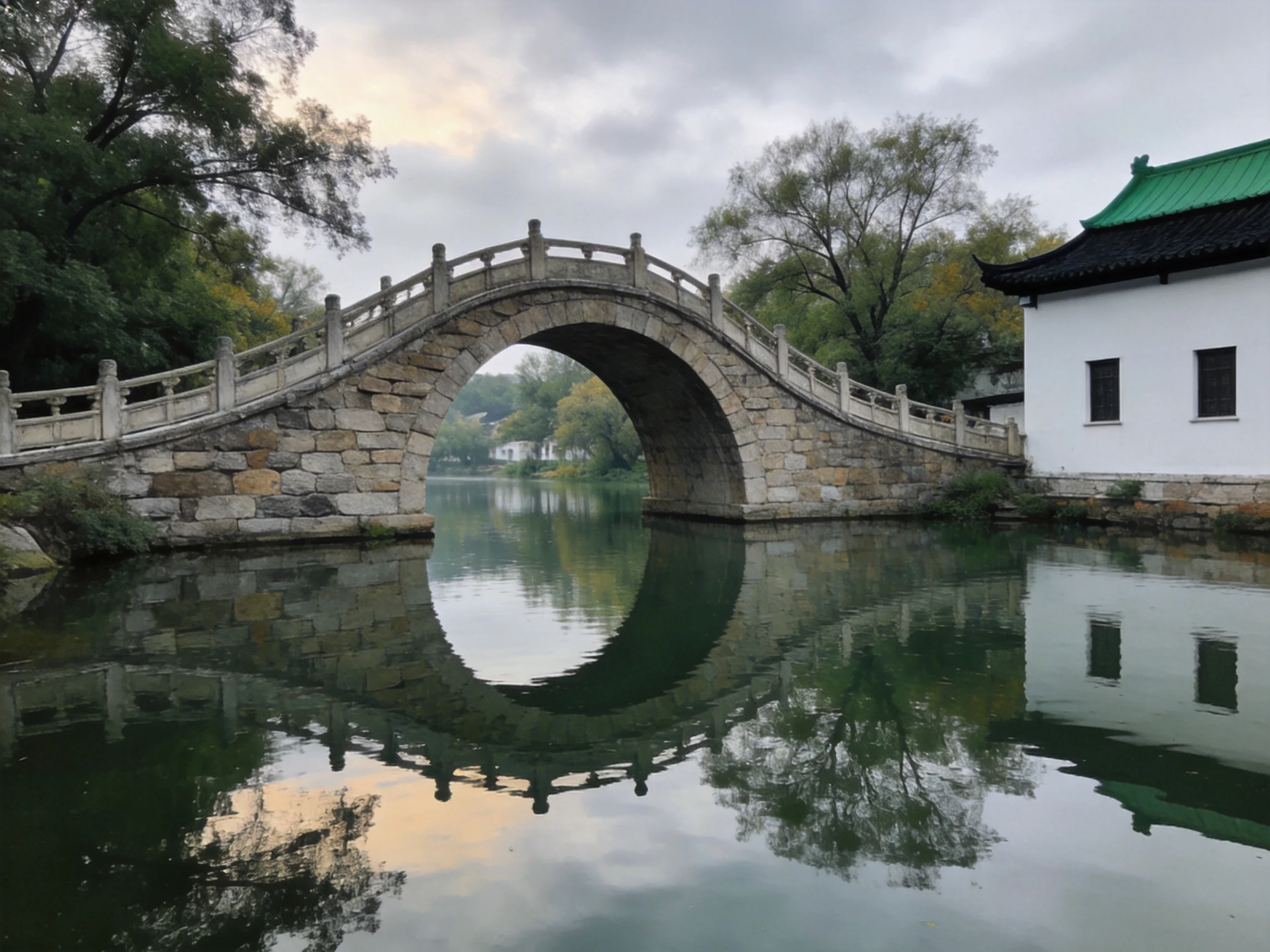 A stone arch bridge spans calm water near a white building
