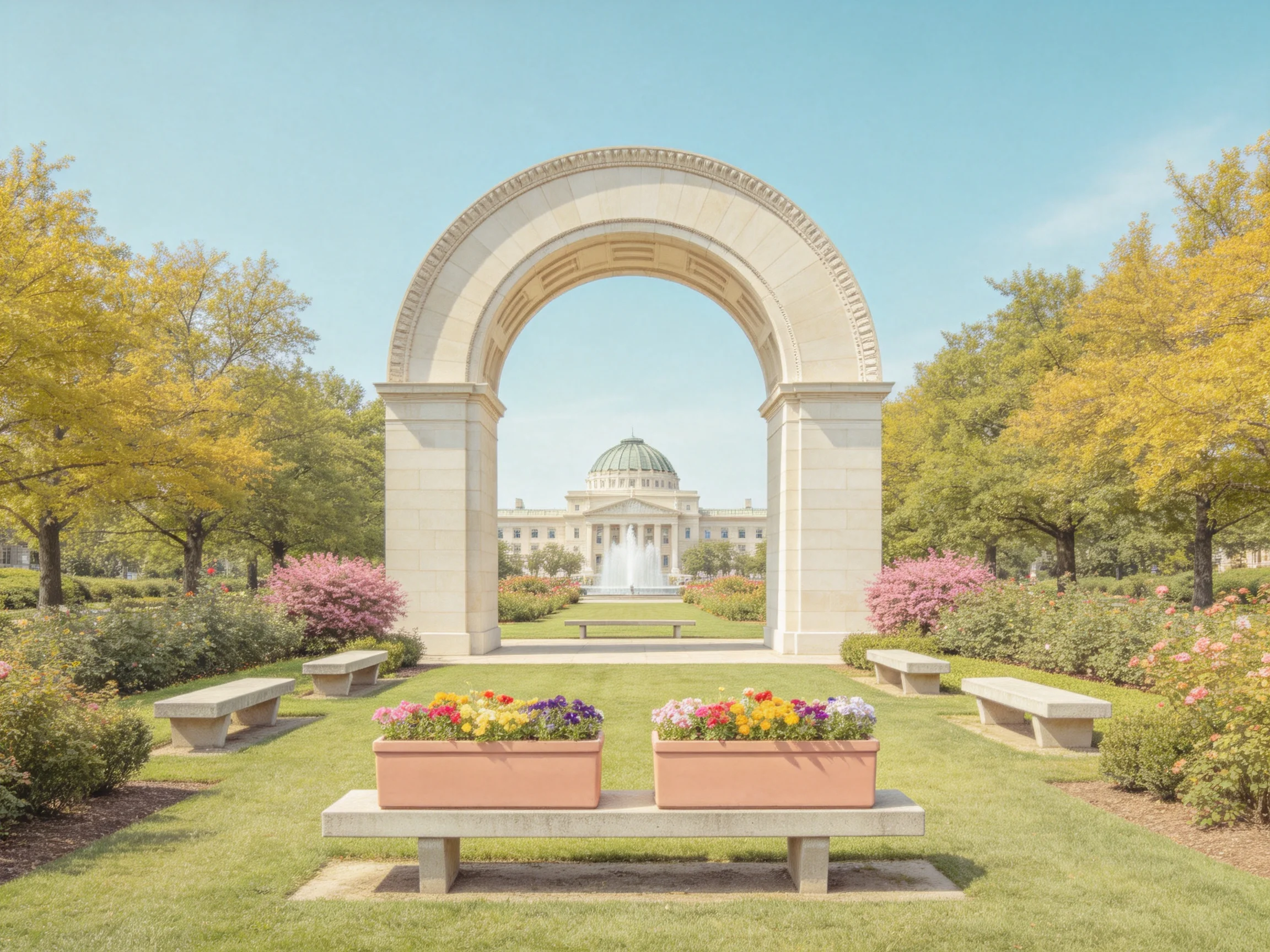 A stone arch frames a garden with vibrant flower beds and a domed building