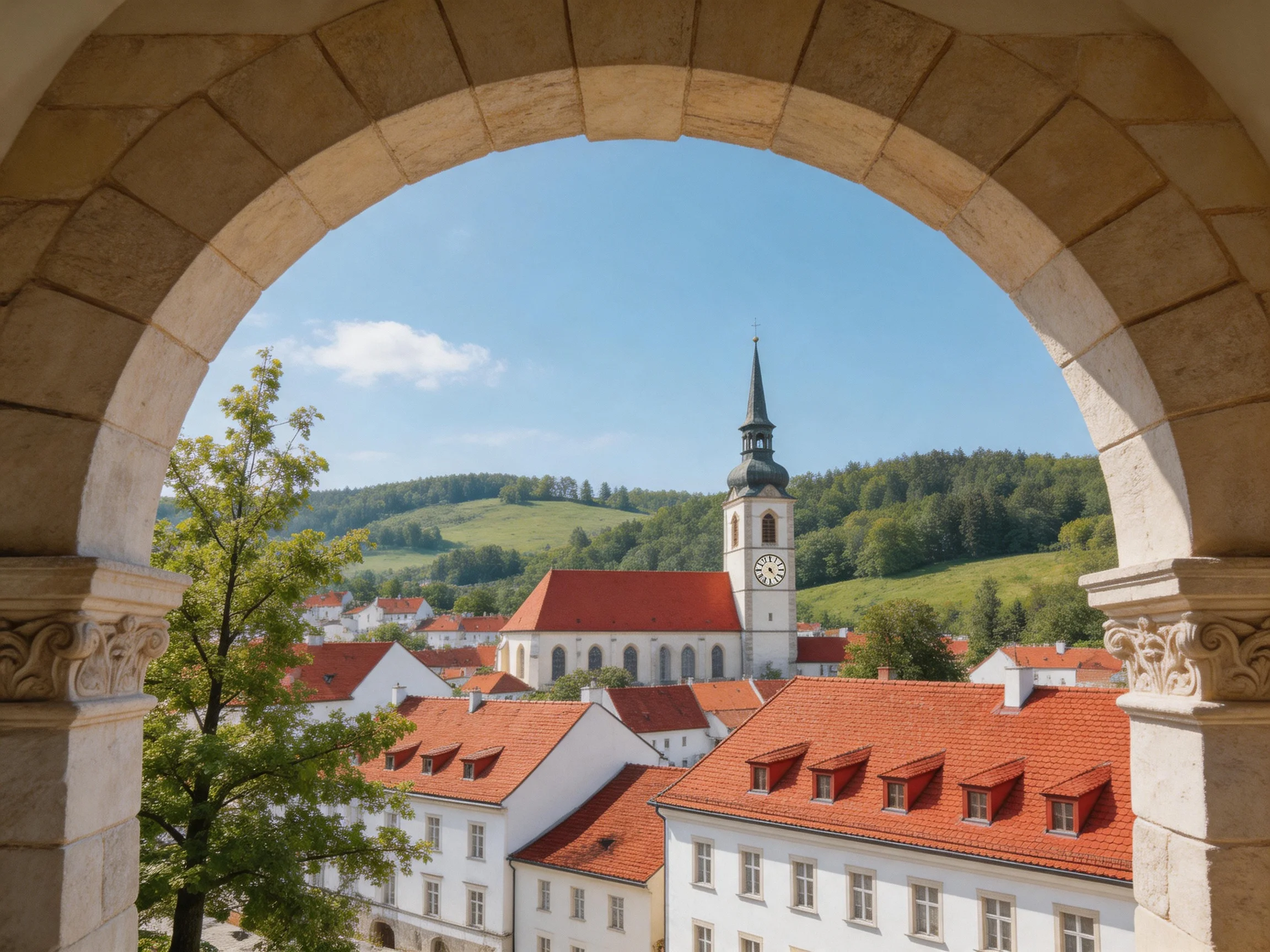 A stone arch frames a town with red-tiled roofs and a clock tower