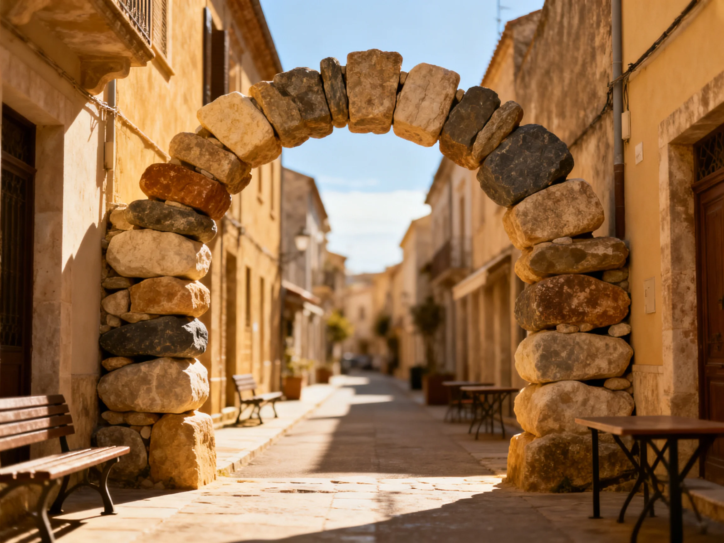 A stone arch spans a narrow sunlit historic street