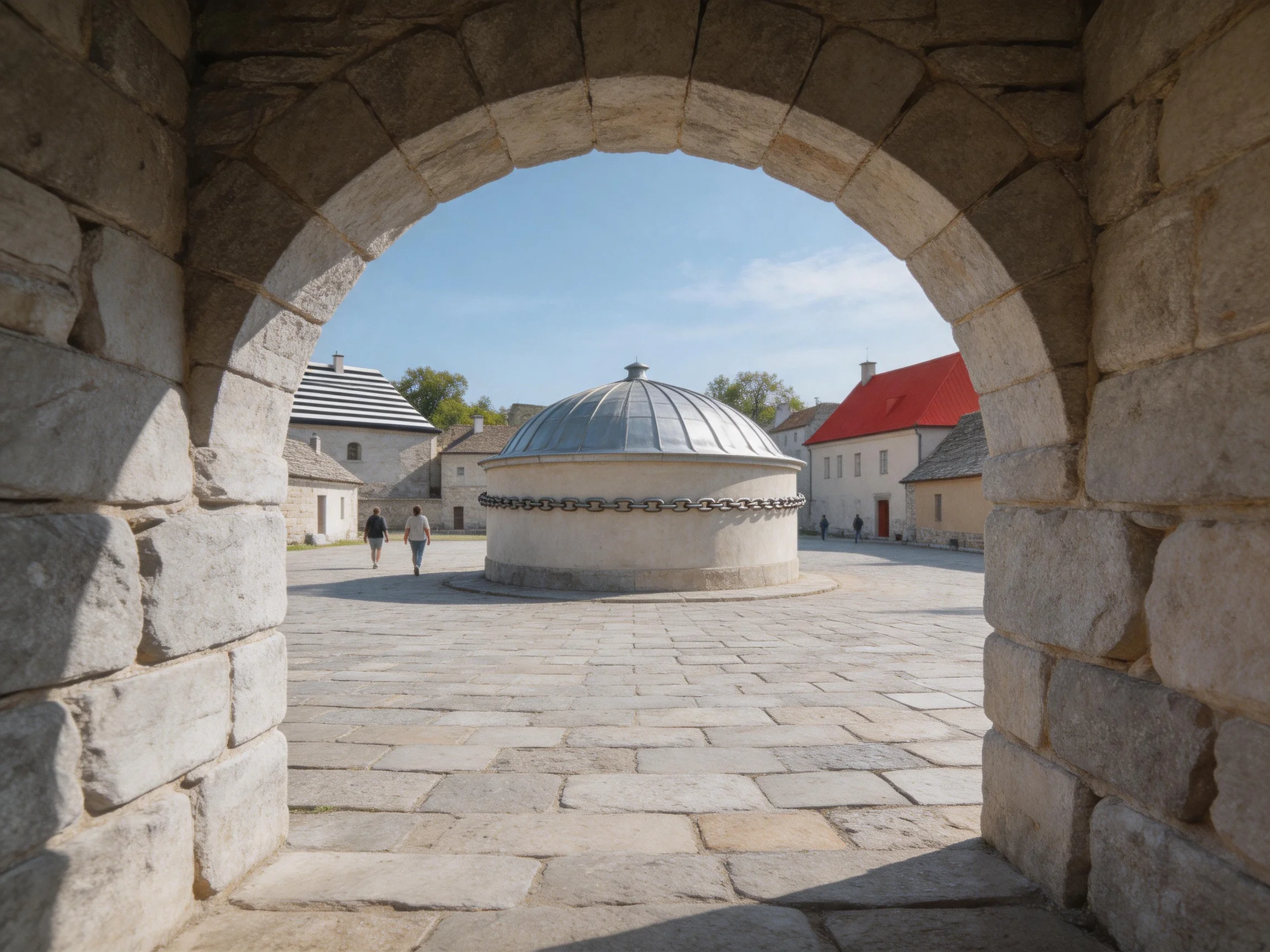 A stone archway frames a courtyard with a domed structure and colorful rooftops