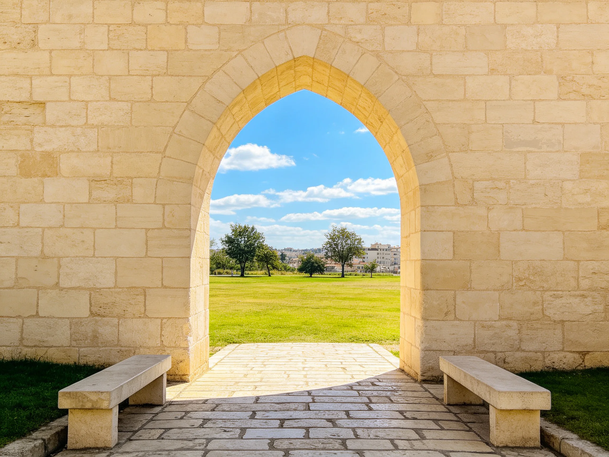 A stone archway overlooks a sunny green park with trees