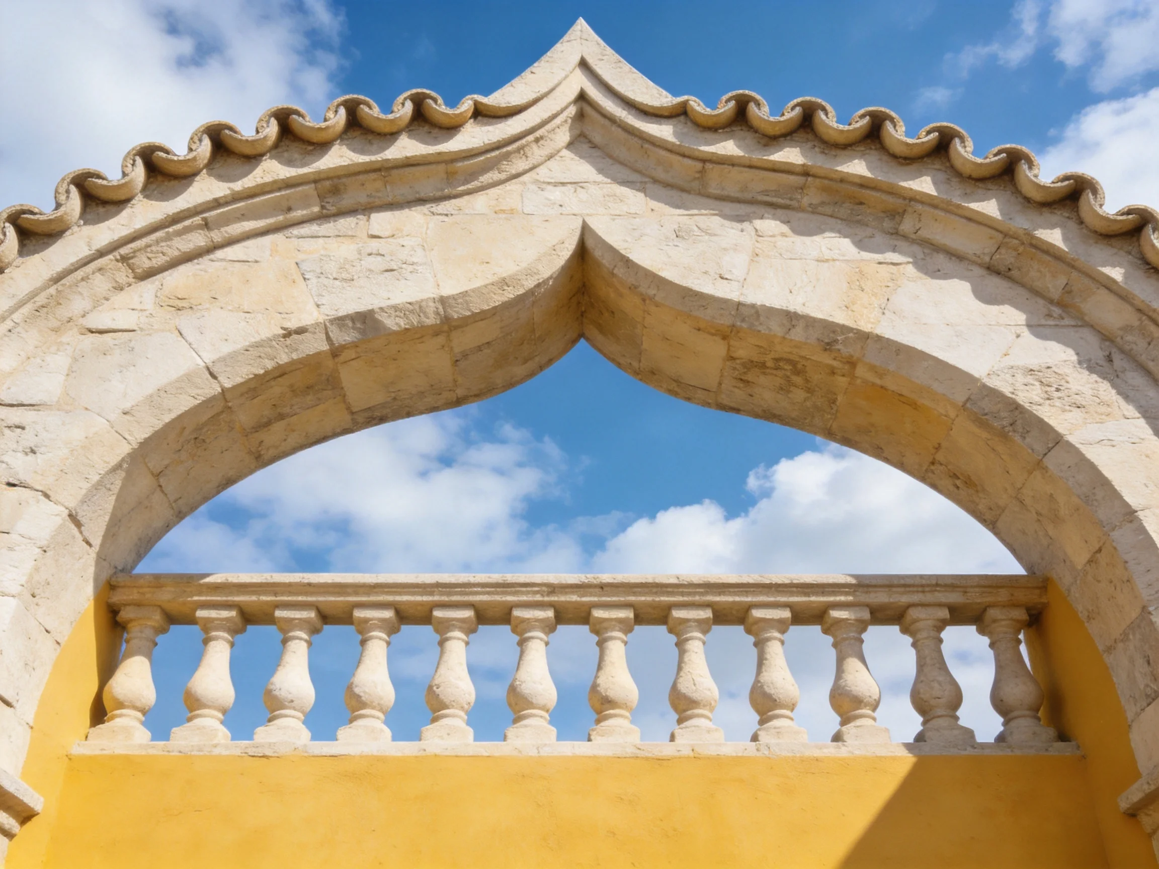 A stone archway with ornate detailing against a bright blue sky