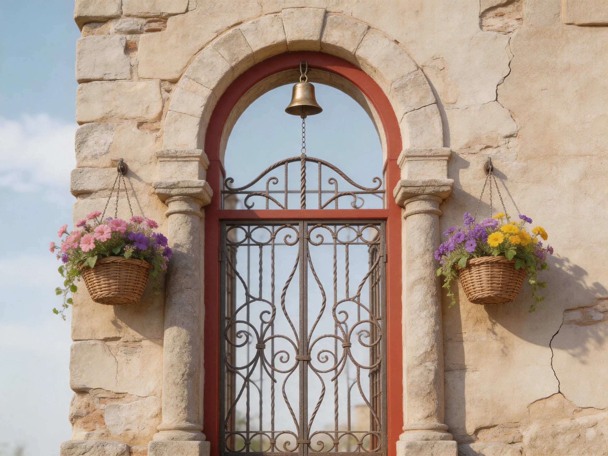 A stone archway with red trim, iron gate, and two flower baskets