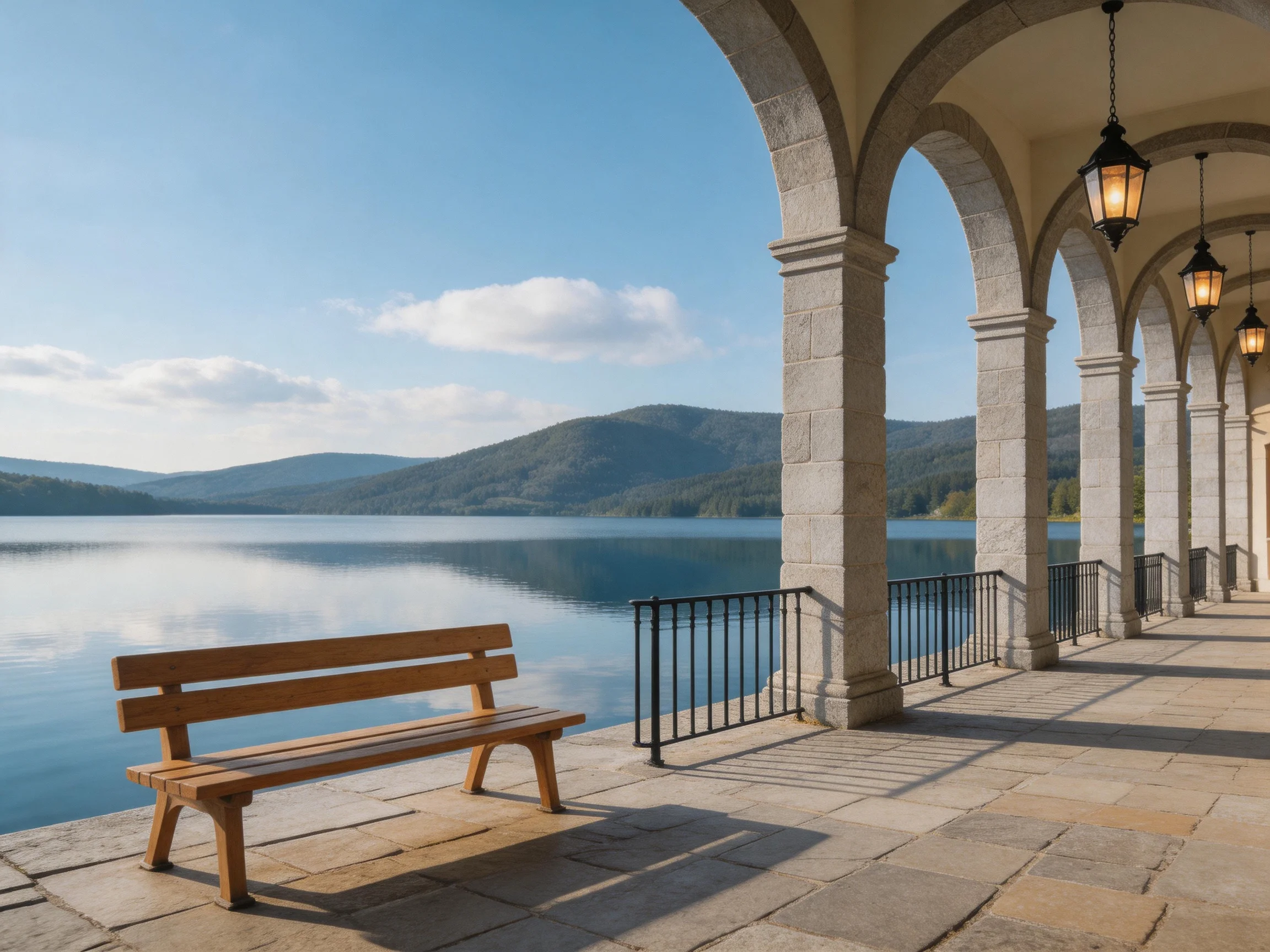 A stone archway with wooden bench overlooks a calm blue lake