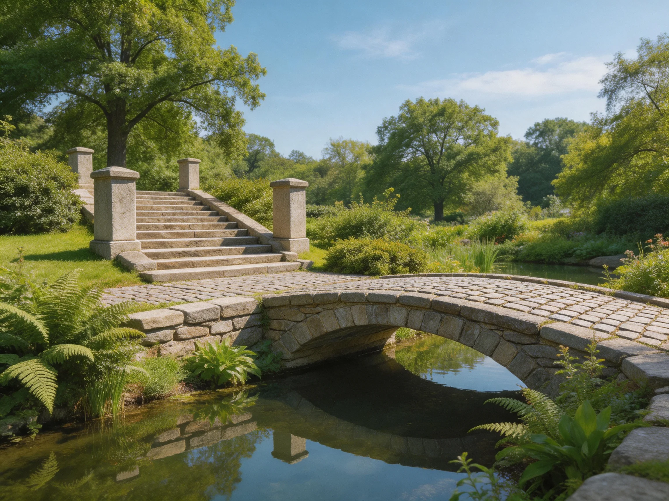 A stone bridge spans a calm pond near grand stone steps