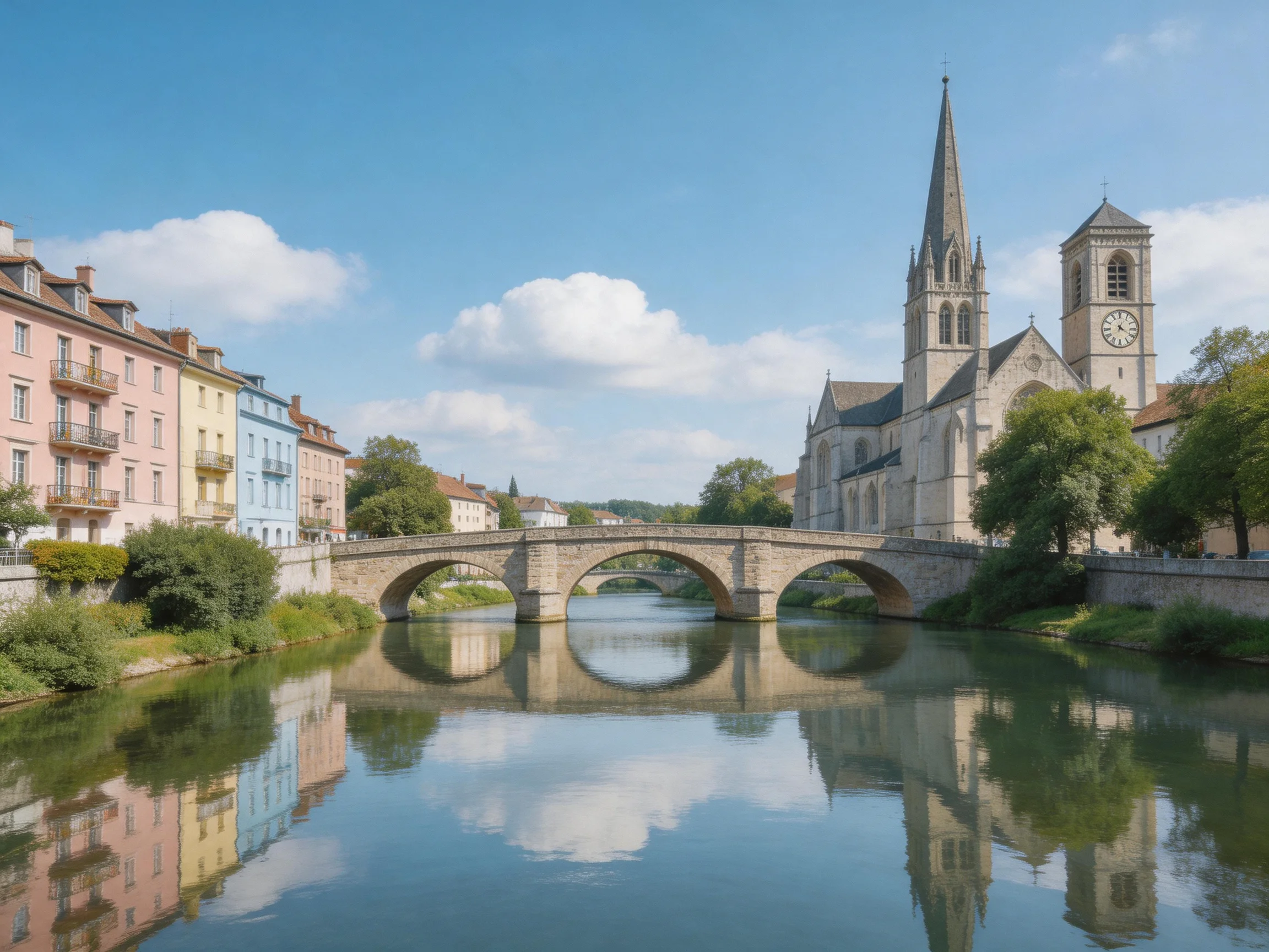 A stone bridge spans a calm river near pastel buildings and a church