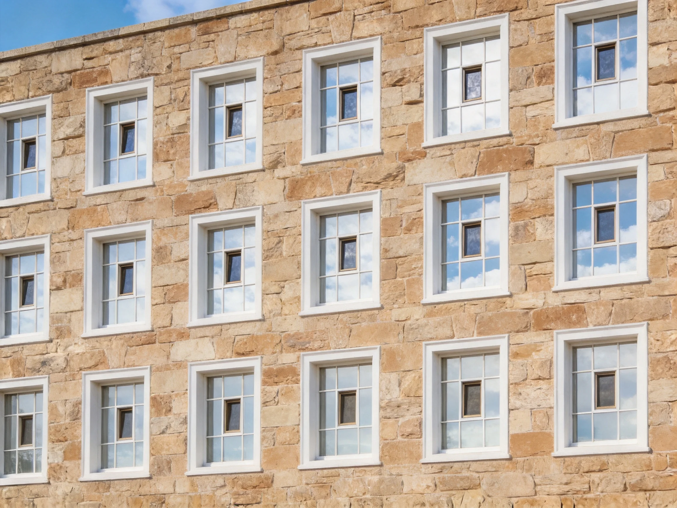 A stone building with multiple rectangular white-framed windows