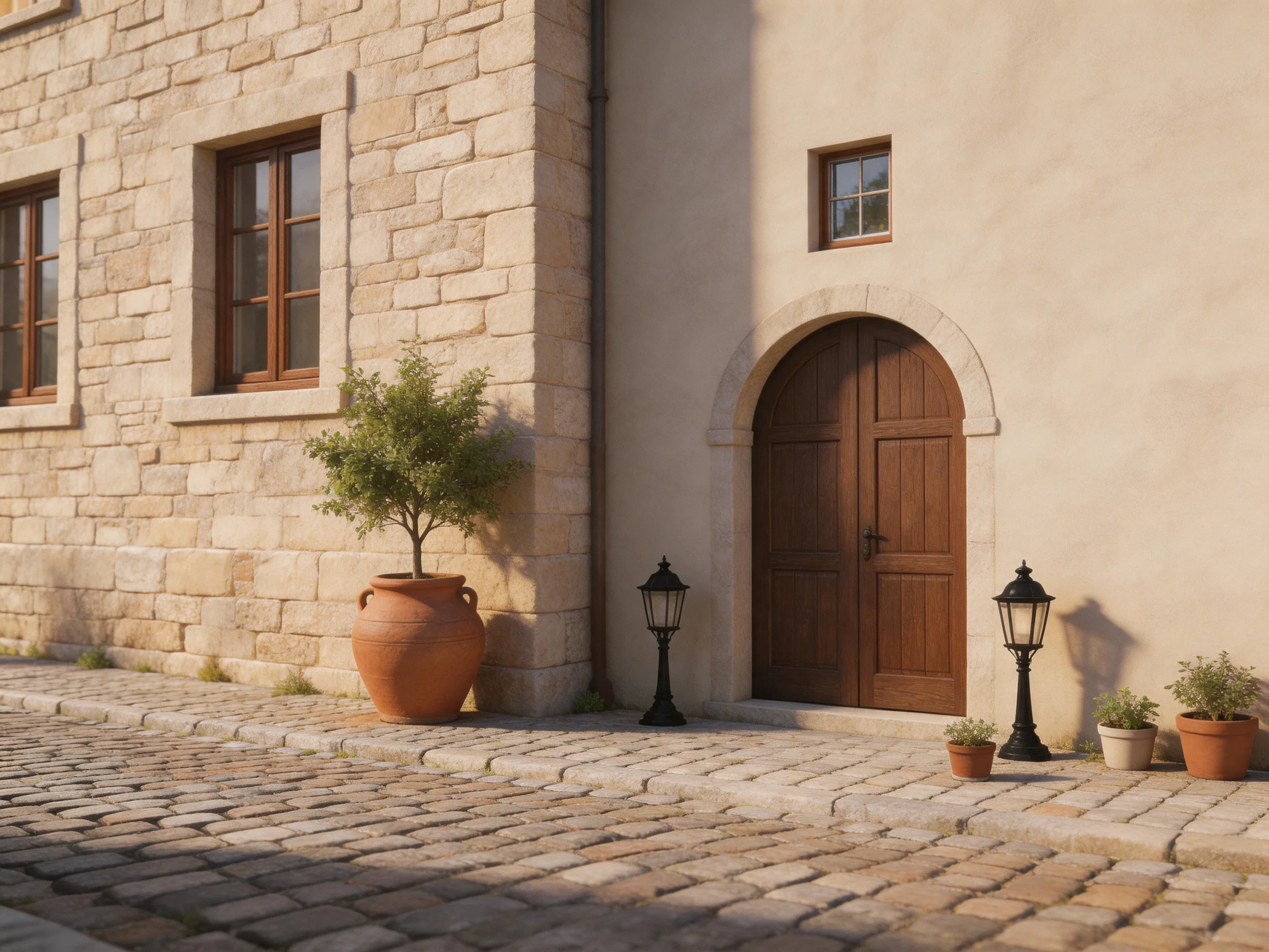 A stone building with wooden doors, potted plants, and cobblestone path