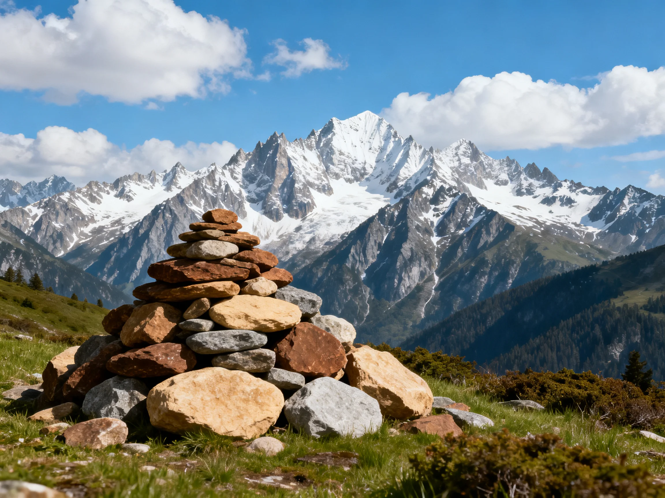 A stone cairn near snow-capped mountain peaks under bright blue sky