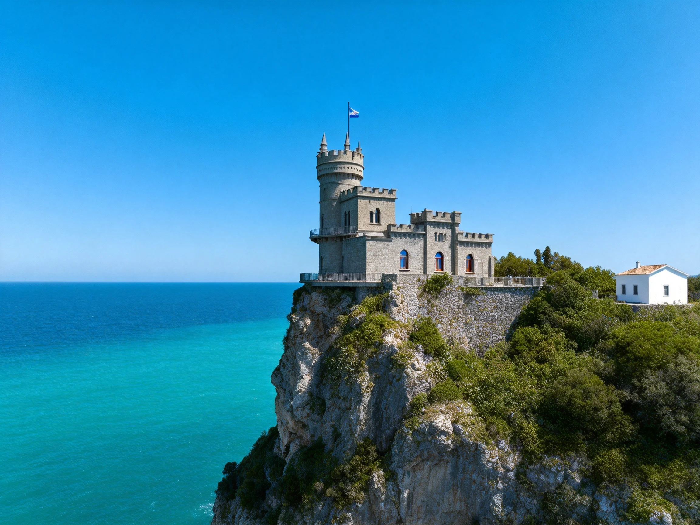 A stone castle perched atop a rocky cliff by turquoise waters