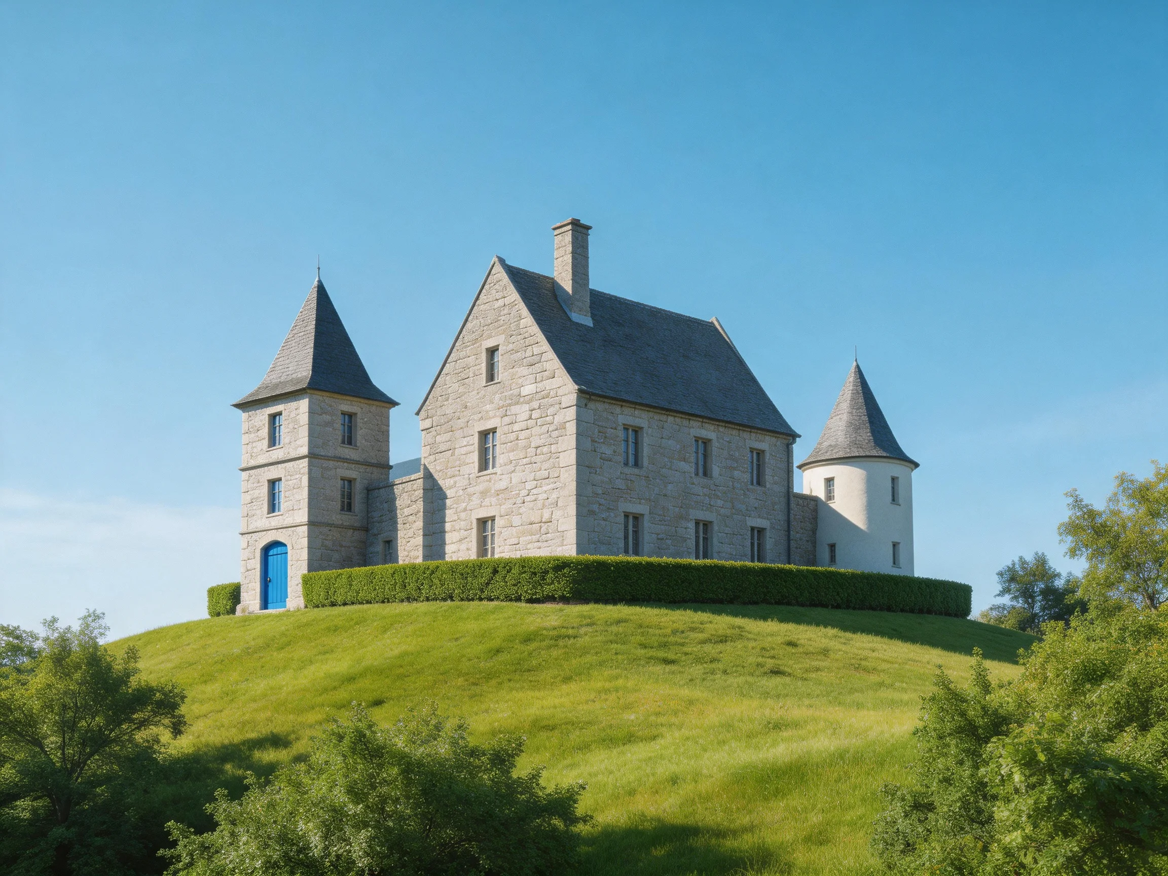 A stone castle with blue door atop a verdant hill