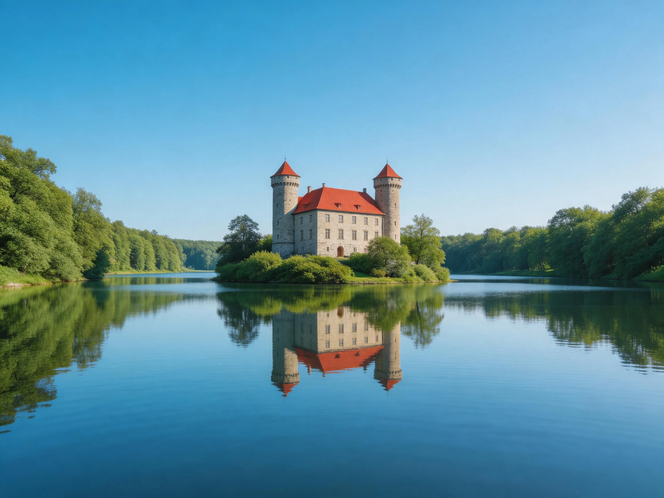 A stone castle with red roofs sits on a small island amid tranquil blue waters.