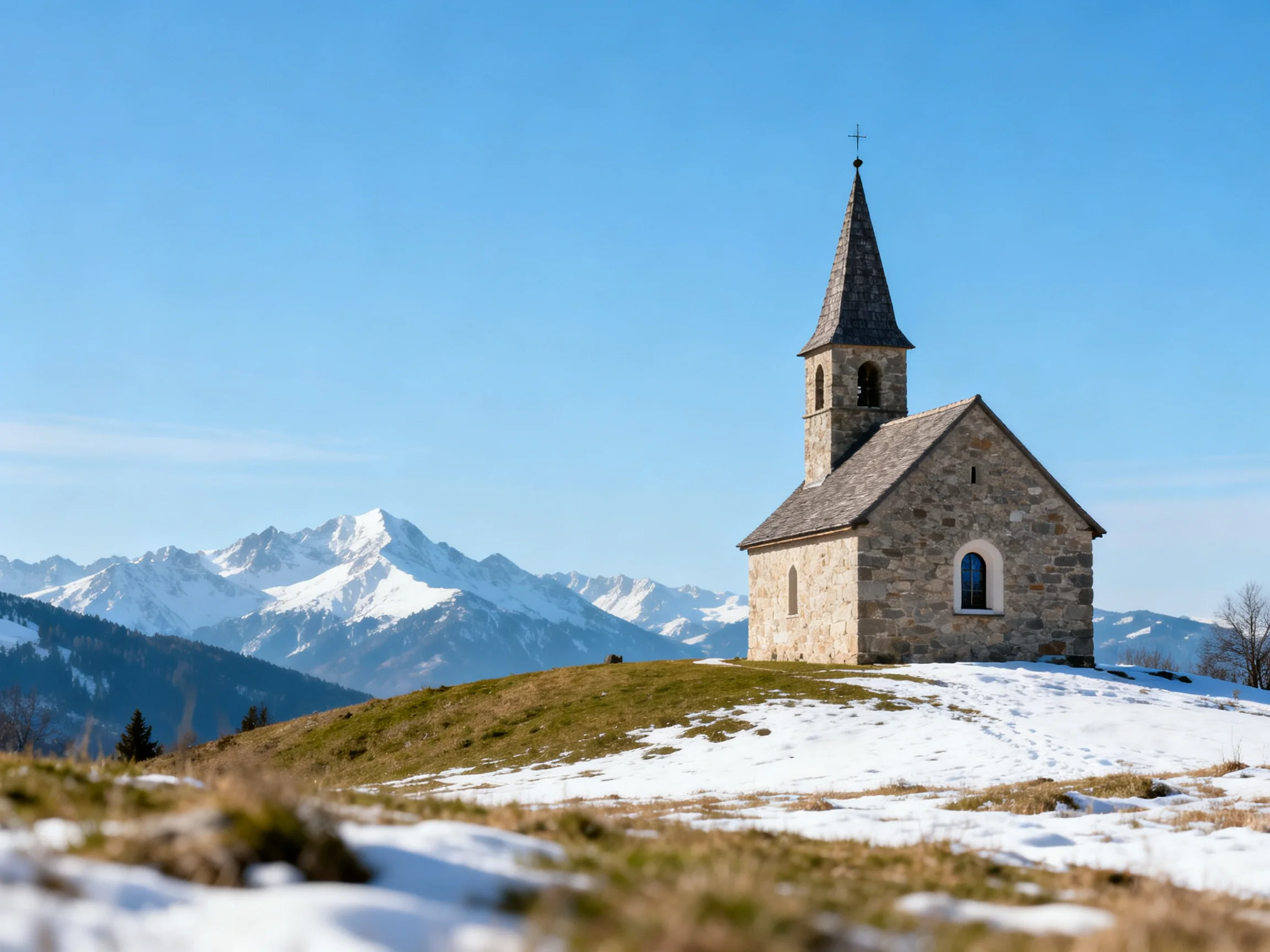 A stone chapel with a tall tower sits on a snow-dusted hill near snow-capped mountains
