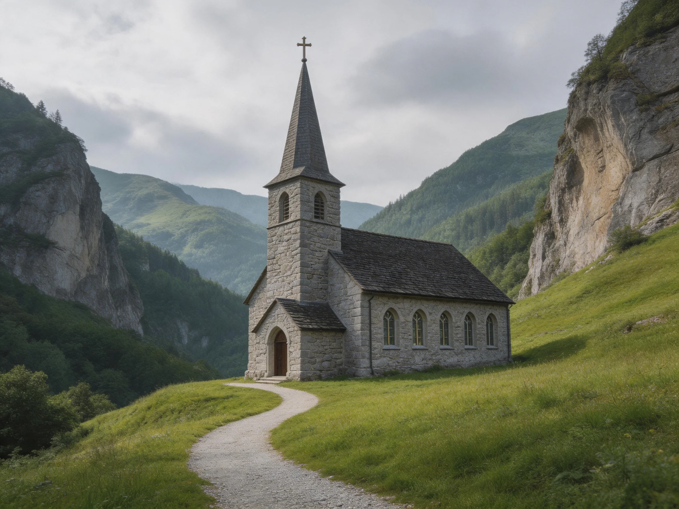A stone church nestled among verdant mountains with a winding gravel path