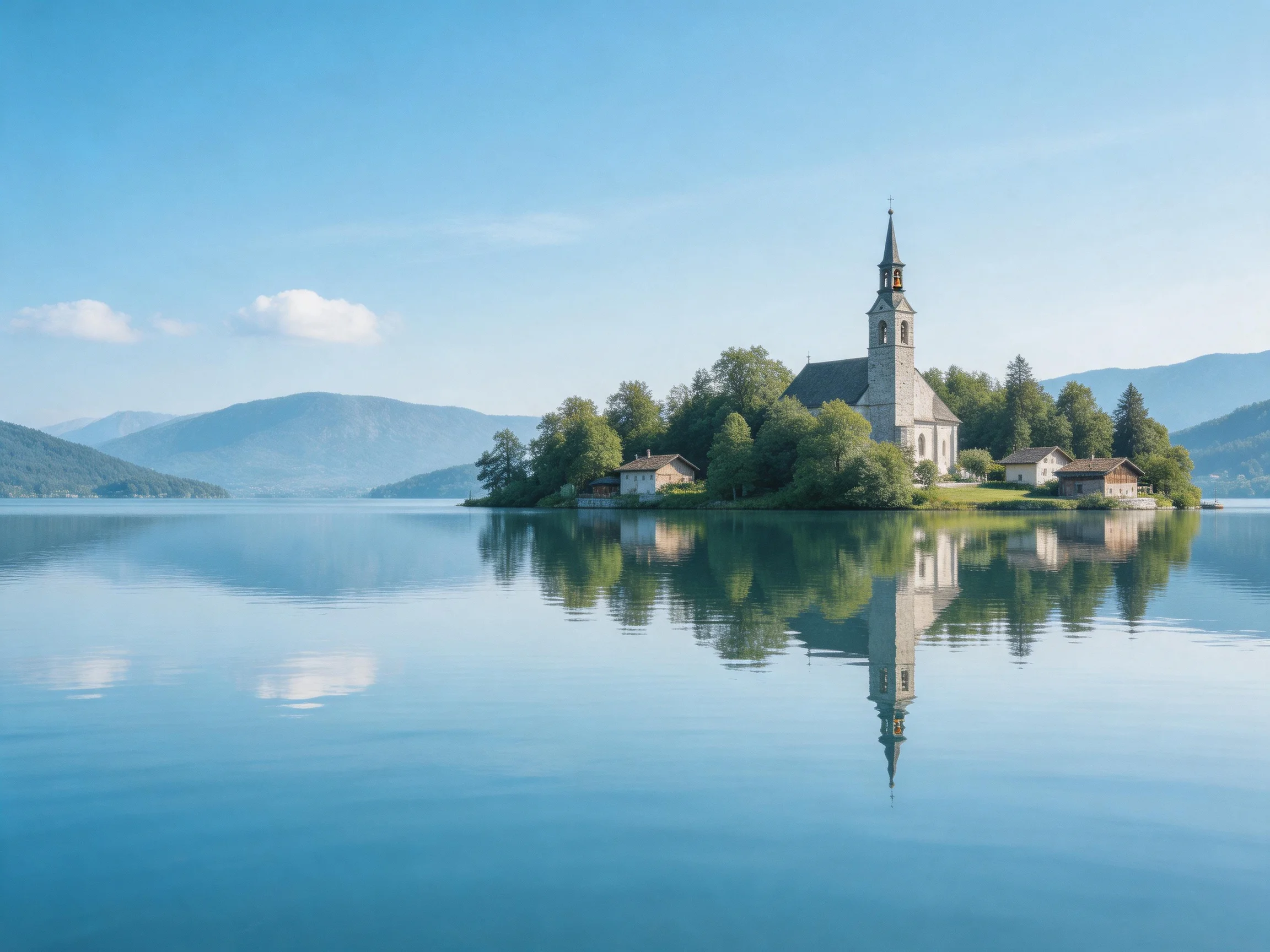 A stone church on a lush green island in calm blue waters