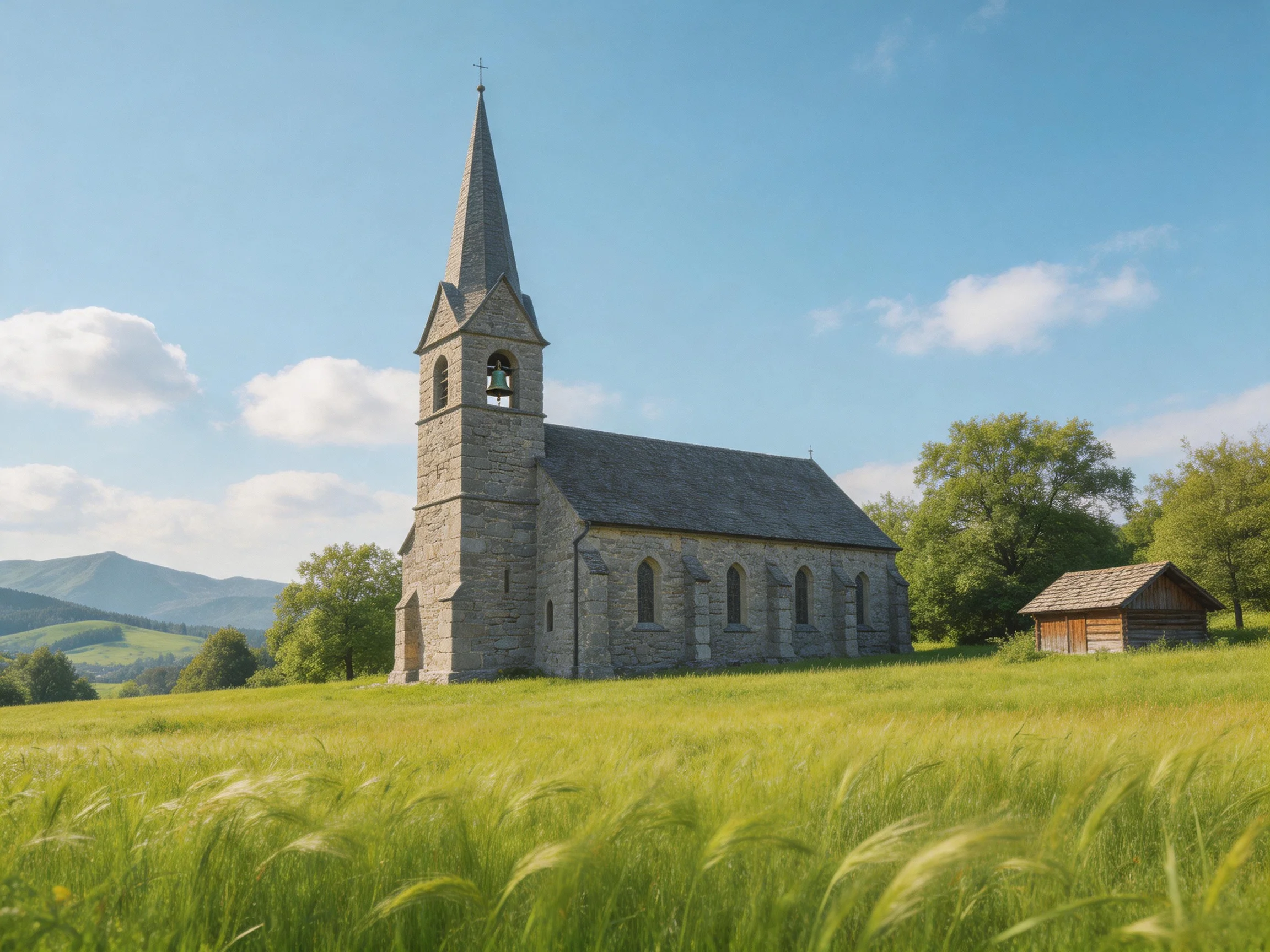 A stone church stands amid a lush green meadow with distant mountains