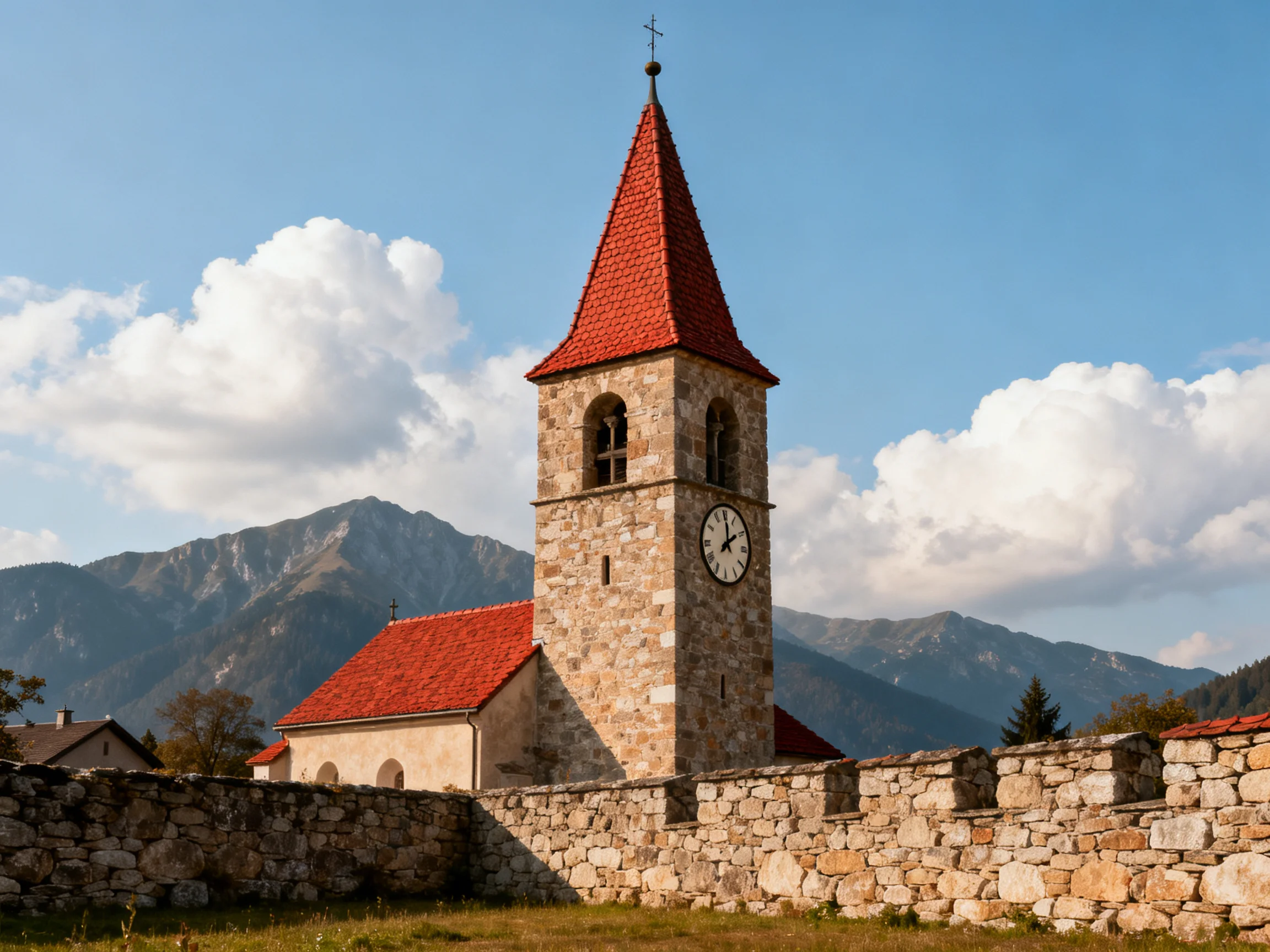 A stone church tower with red roof near mountainous terrain