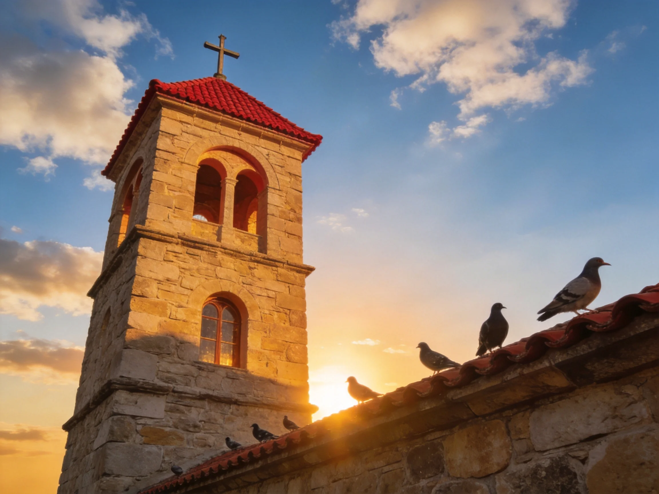 A stone church tower with red roof near pigeons at sunset