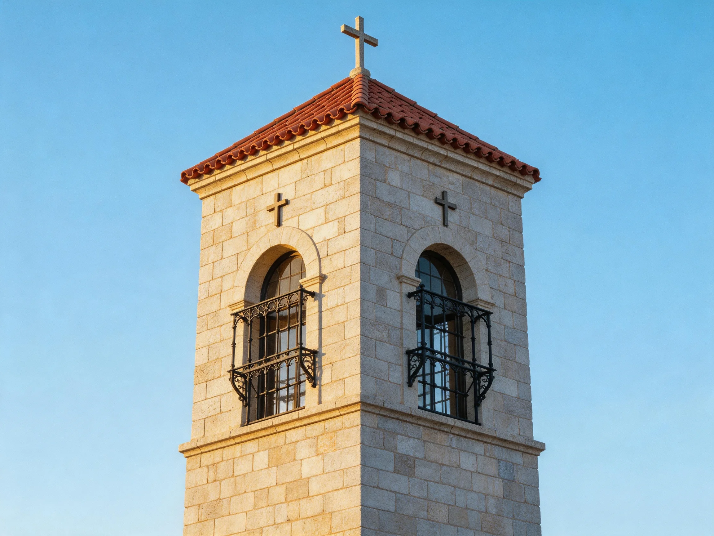 A stone church tower with three crosses, red tile roof, and arched windows