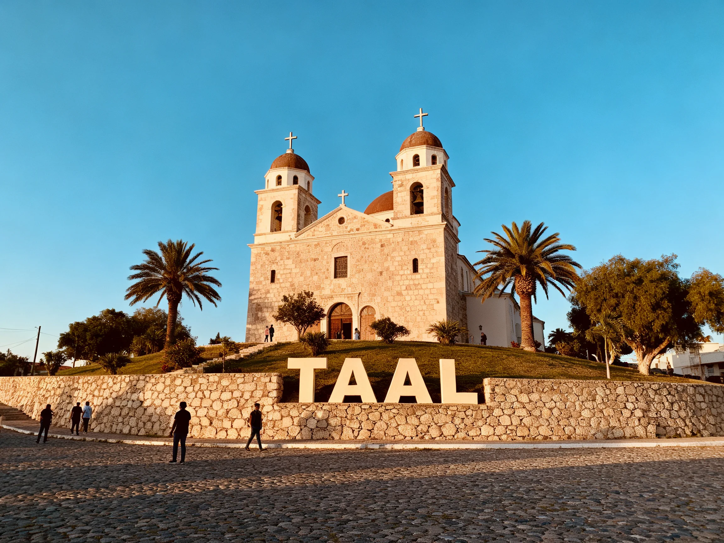 A stone church with TAAL signage near palm trees