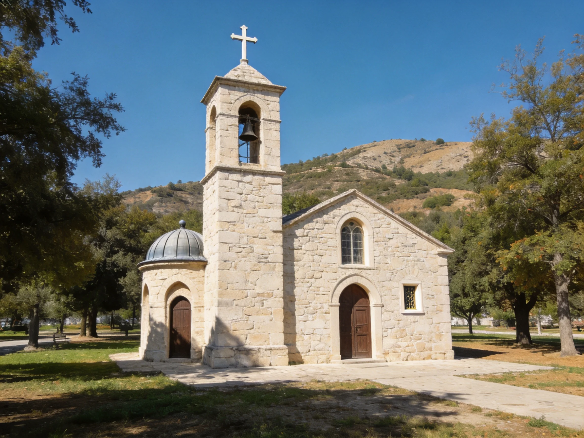 A stone church with a bell tower near trees and hills