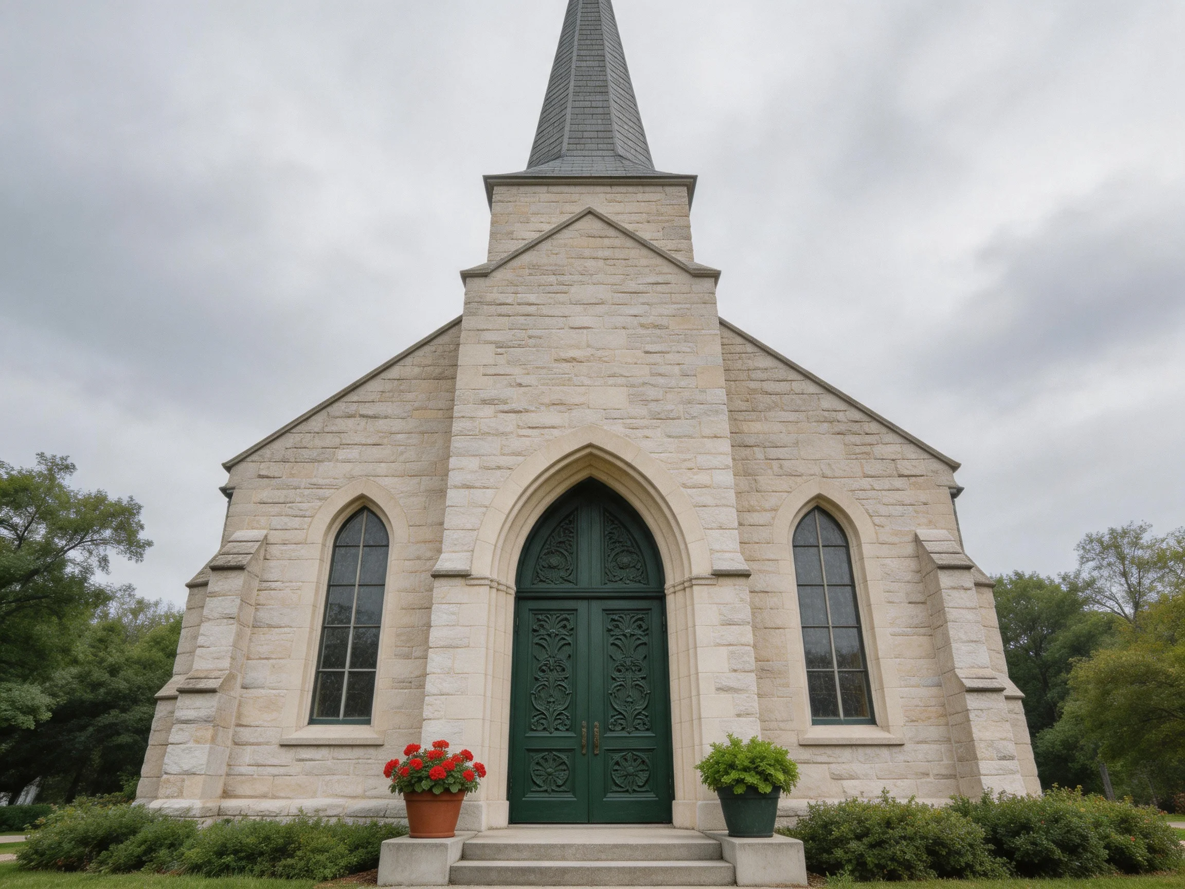 A stone church with a dark green door and tall steeple