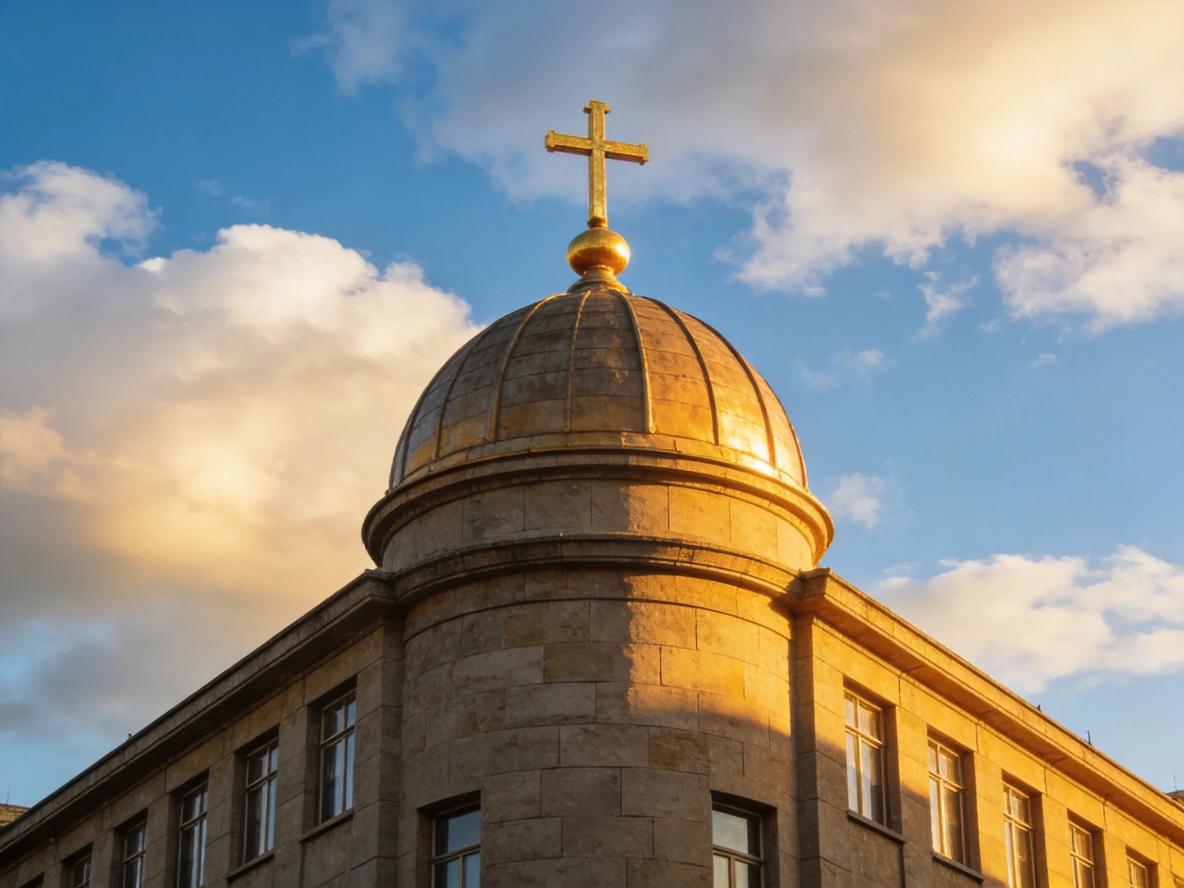 A stone church with a golden dome and cross under blue sky