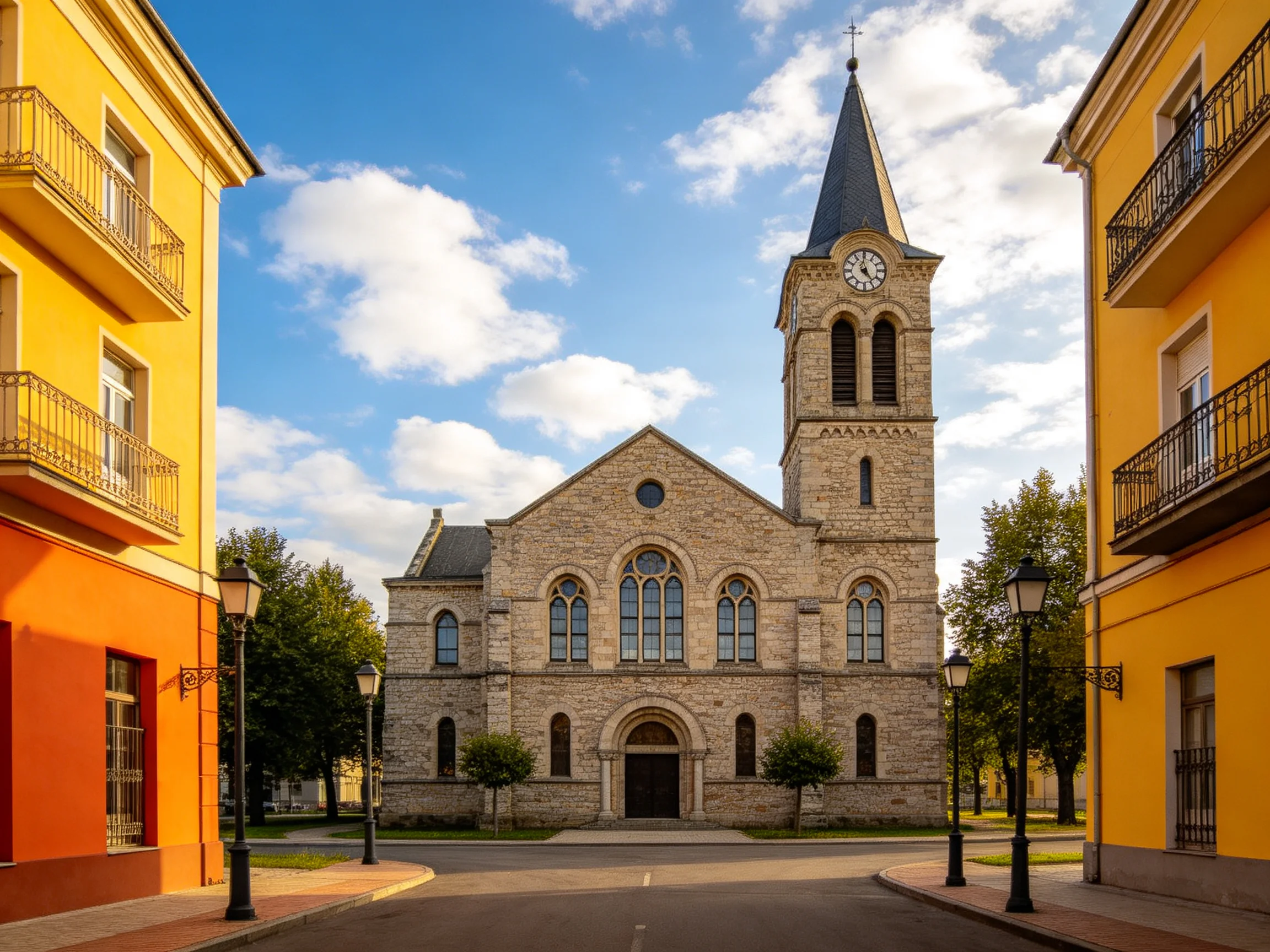A stone church with a tall clock tower beside vibrant townhouses