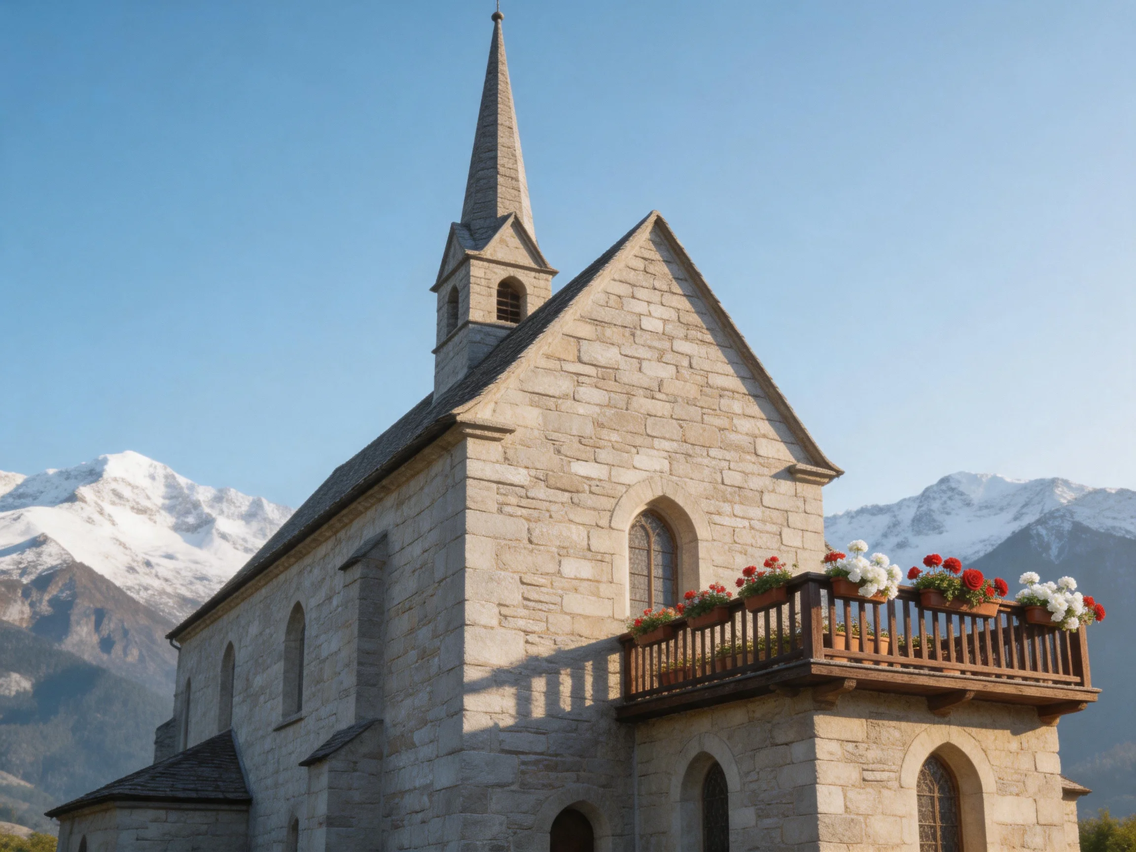 A stone church with flower-decorated balcony near snowy mountains