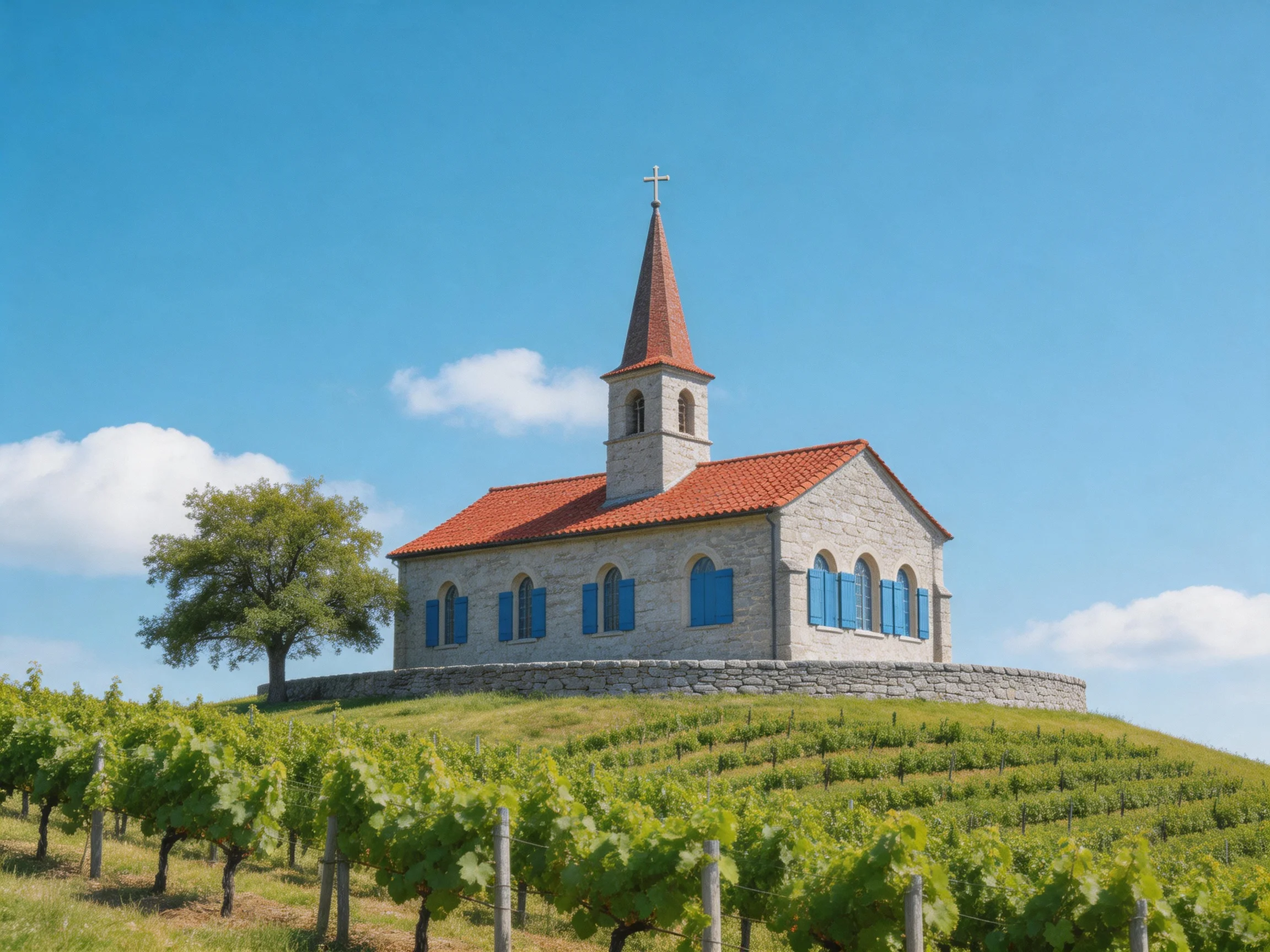 A stone church with red roof overlooks a vineyard on a sunny day